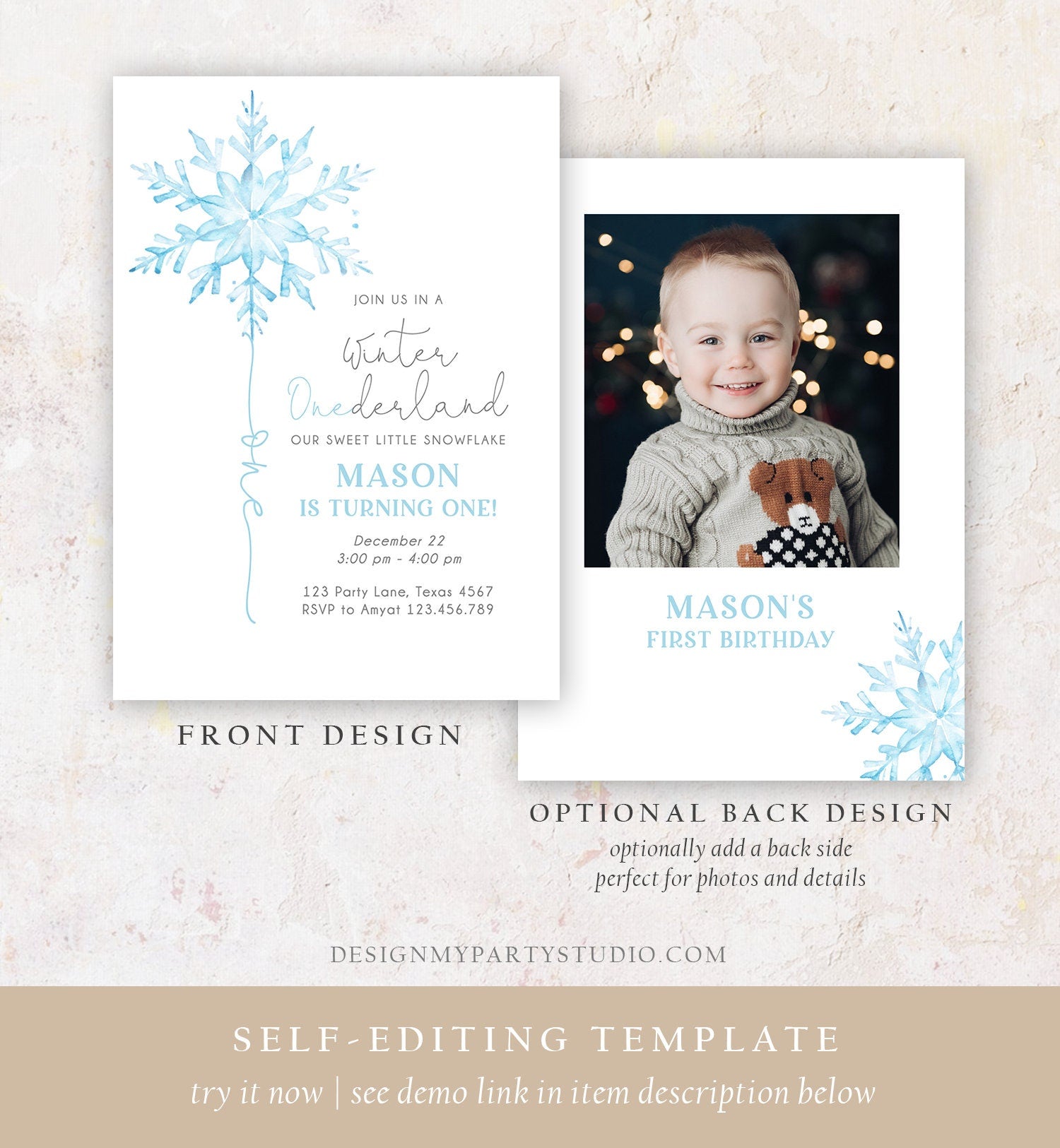 Editable Winter ONEderland Birthday Invitation First Birthday 1st Boy Blue Snowflake Watercolor Wonderland Digital Template Printable 0494