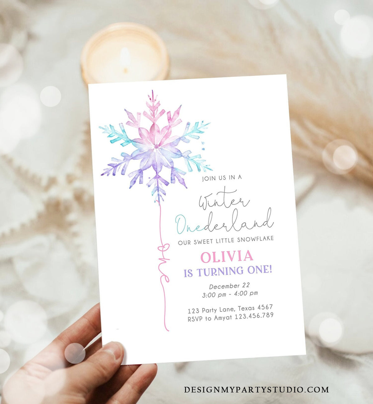 Editable Winter ONEderland Birthday Invitation First Birthday 1st Girl Pink Purple Snowflake Watercolor Minimalist Corjl Template 0494