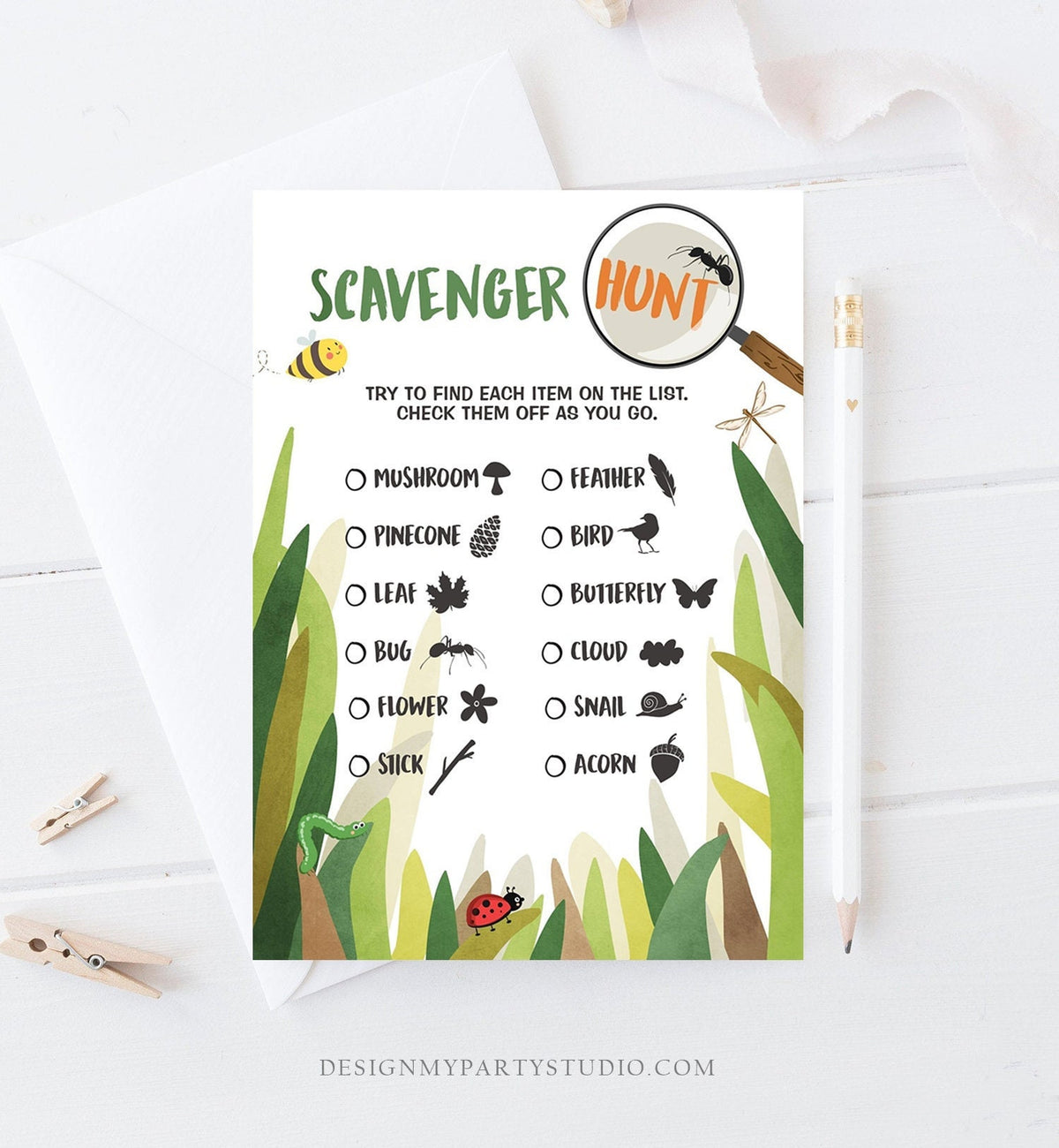 Editable Nature Scavenger Hunt for Kids Hiking Game Camping Party Game Trail Nature Walk Bug Printable Game Digital Download Template 0090