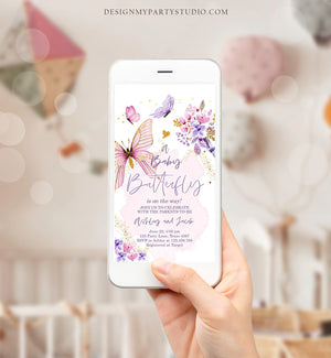 Editable Butterfly Baby Shower Evite Purple Butterfly on The Way Invite Floral Pink Gold Girl Phone Download Digital Template Corjl 0437
