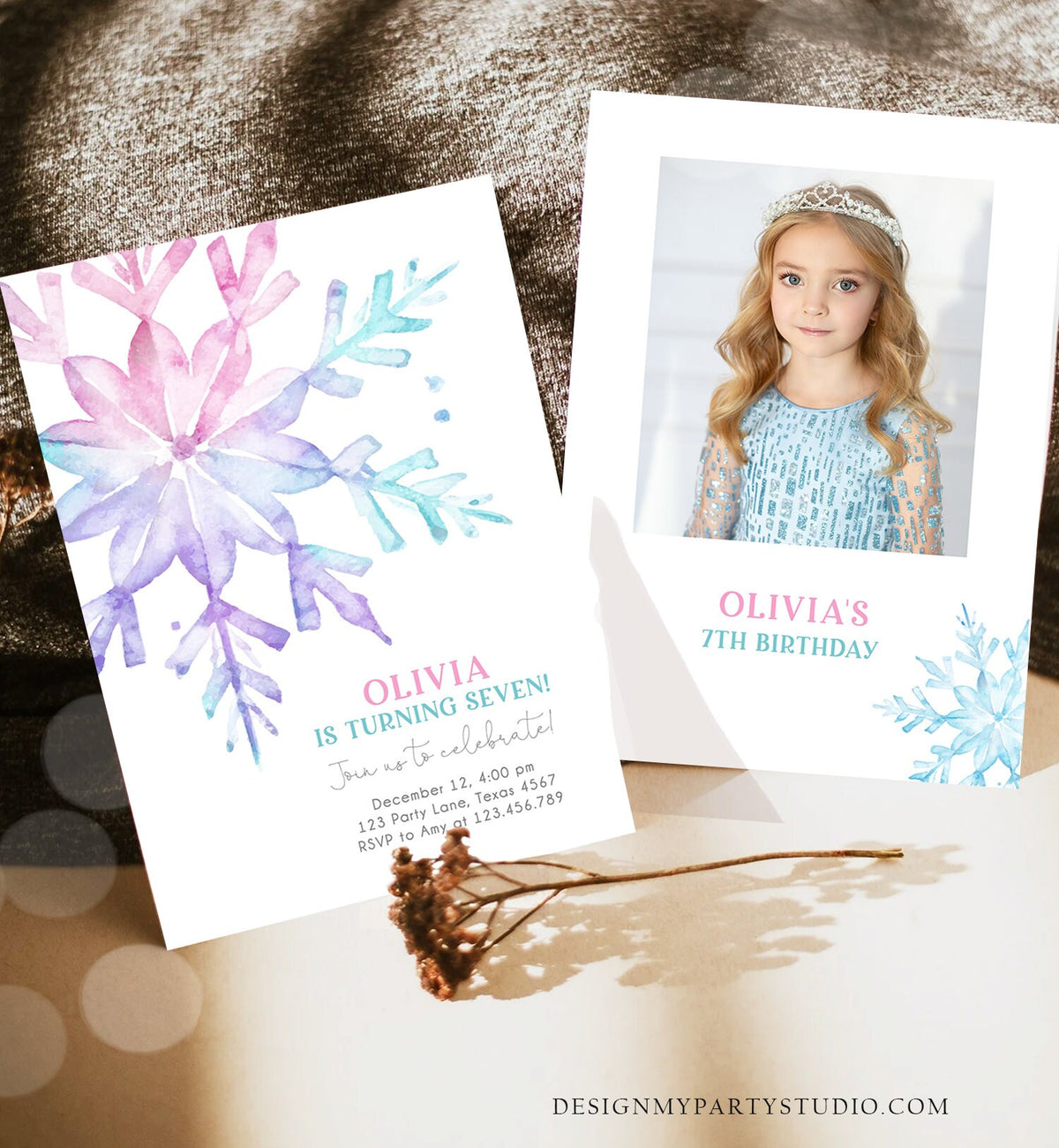 Editable Winter Birthday Invitation Snowflake Birthday Girl Pink Purple Kids Teen Winter Wonderland Watercolor Minimal Corjl Template 0494