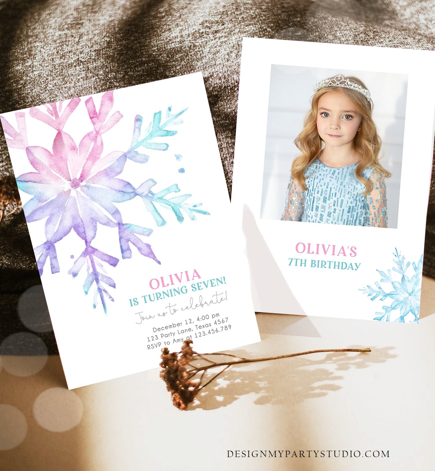 Editable Winter Birthday Invitation Snowflake Birthday Girl Pink Purple Kids Teen Winter Wonderland Watercolor Minimal Corjl Template 0494