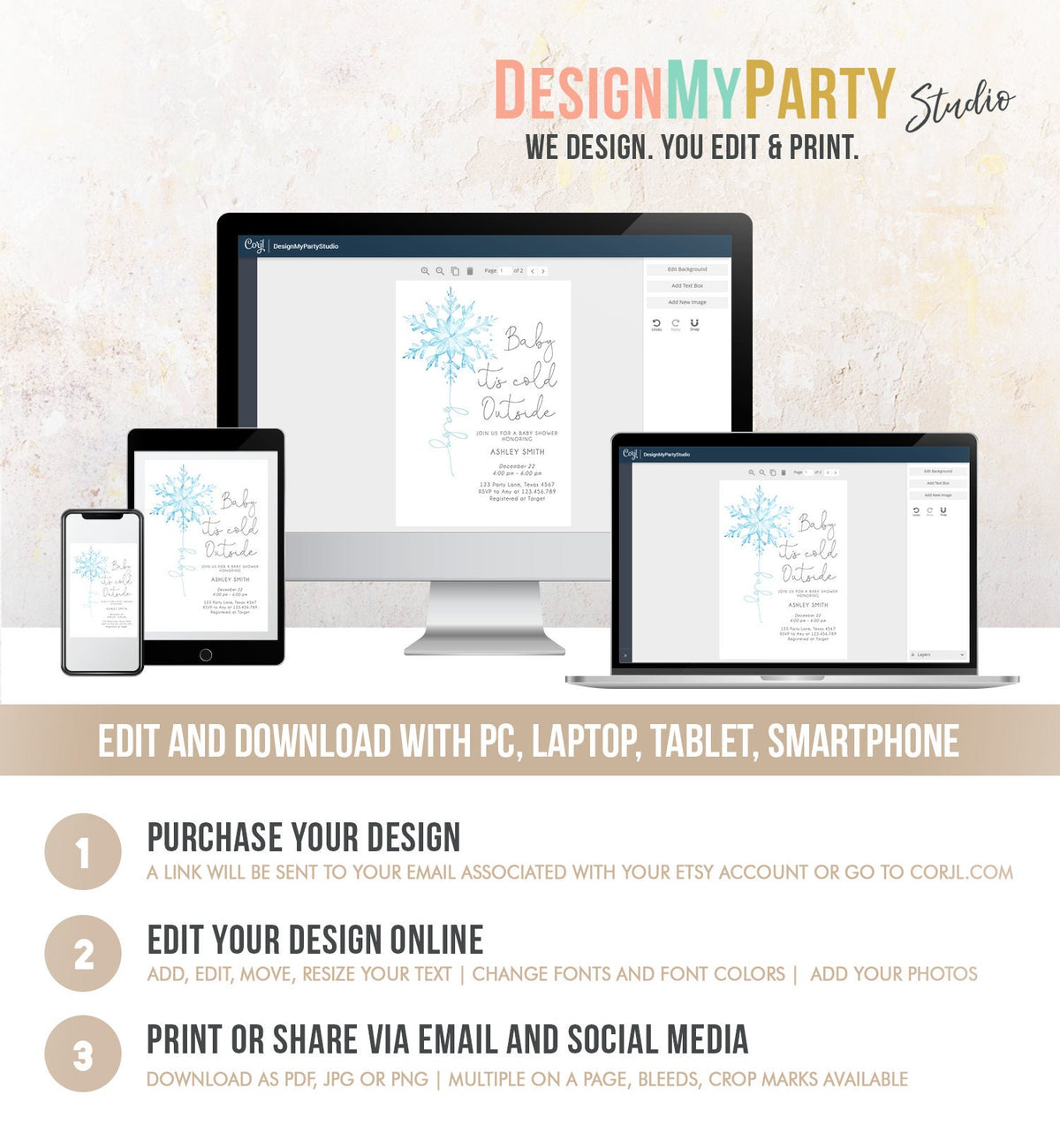 Editable Baby Its Cold Outside Baby Shower Invitation Winter Baby Shower Boy Little Snowflake Watercolor Digital Template Printable 0494