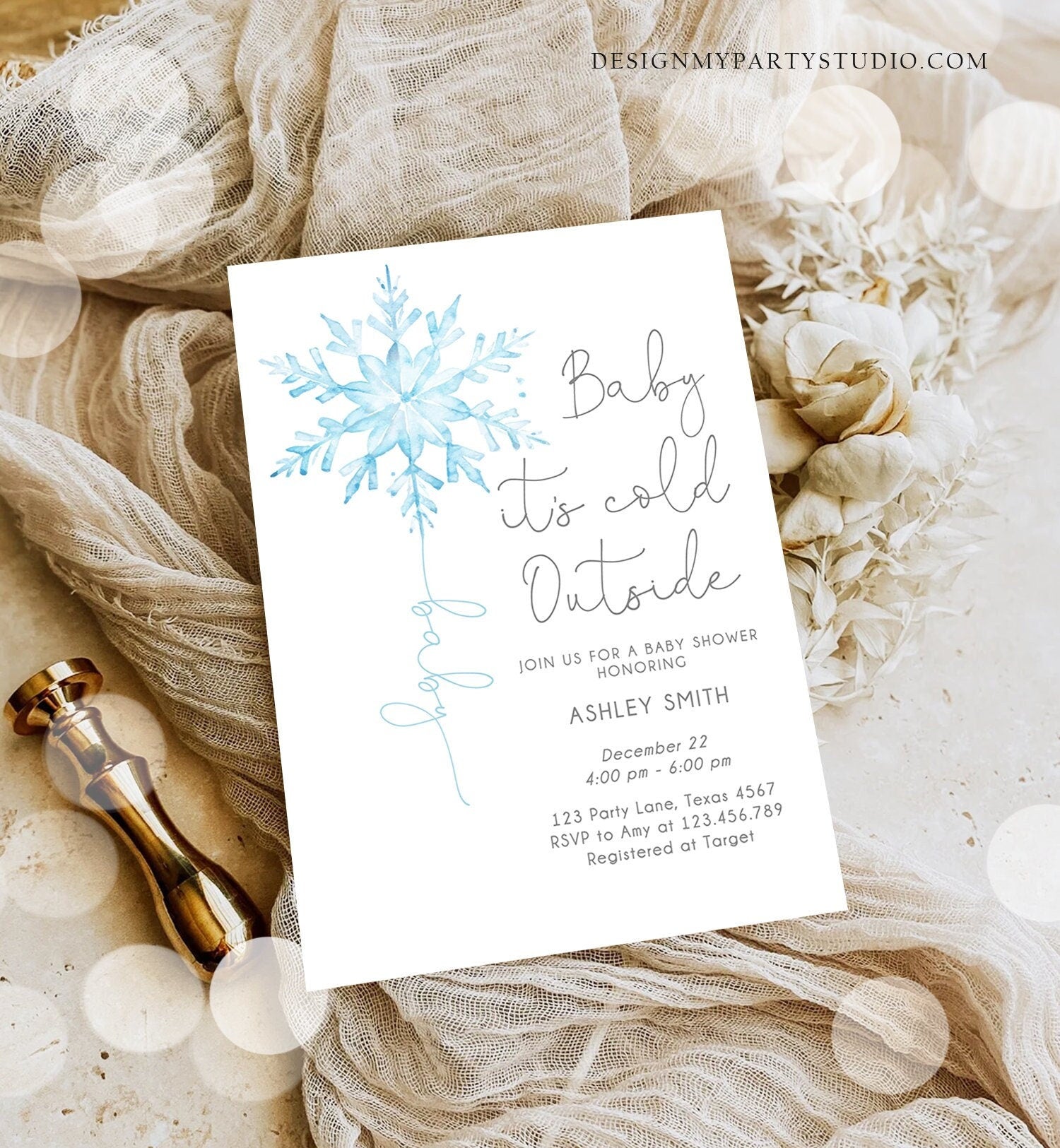 Editable Baby Its Cold Outside Baby Shower Invitation Winter Baby Shower Boy Little Snowflake Watercolor Digital Template Printable 0494