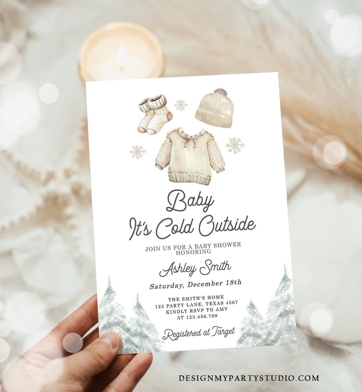 Editable Baby It&#39;s Cold Outside Invitation Winter Baby Shower Christmas Gender Neutral Baby Clothes Watercolor Template Download Corjl 0491
