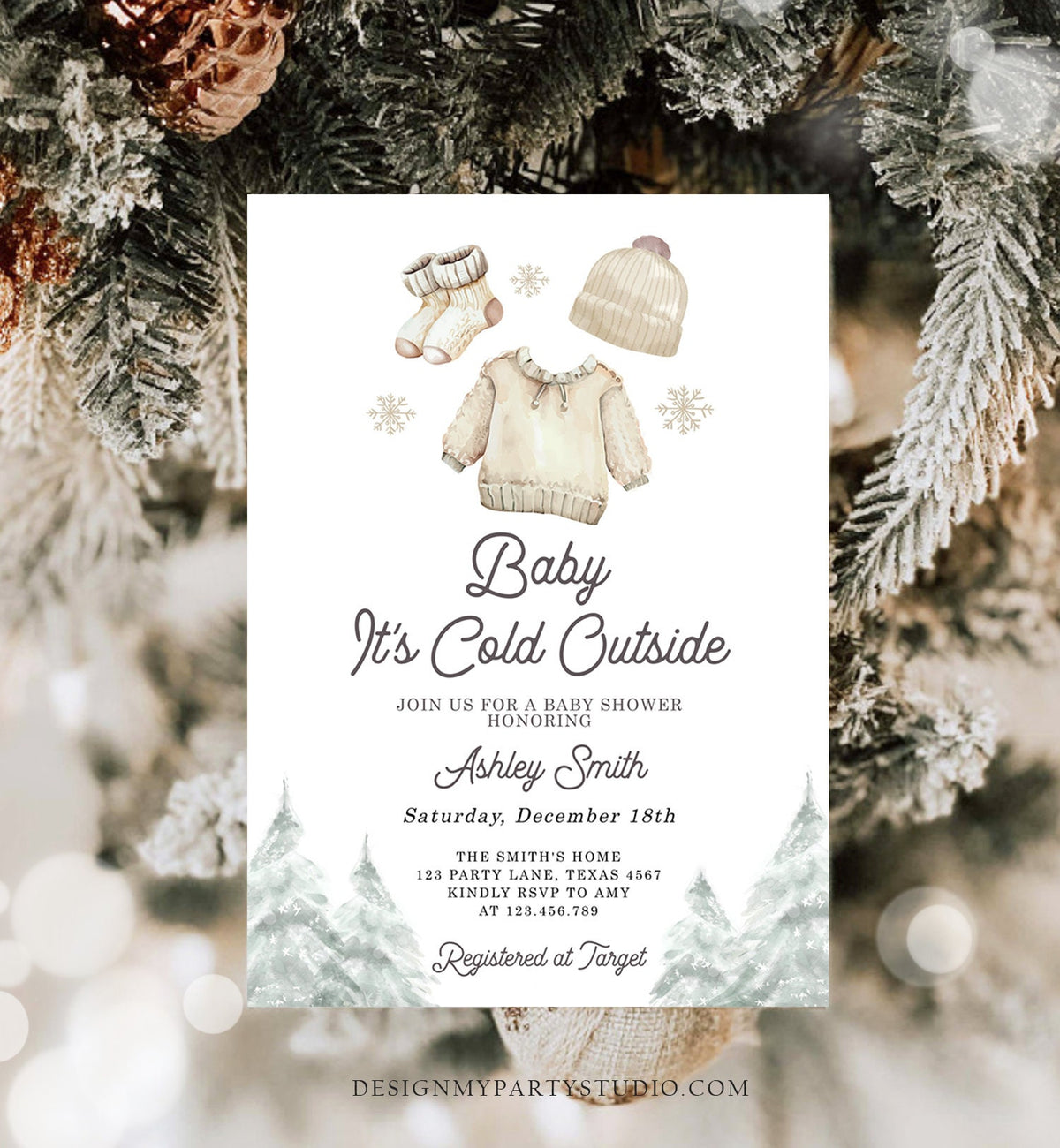 Editable Baby It&#39;s Cold Outside Invitation Winter Baby Shower Christmas Gender Neutral Baby Clothes Watercolor Template Download Corjl 0491
