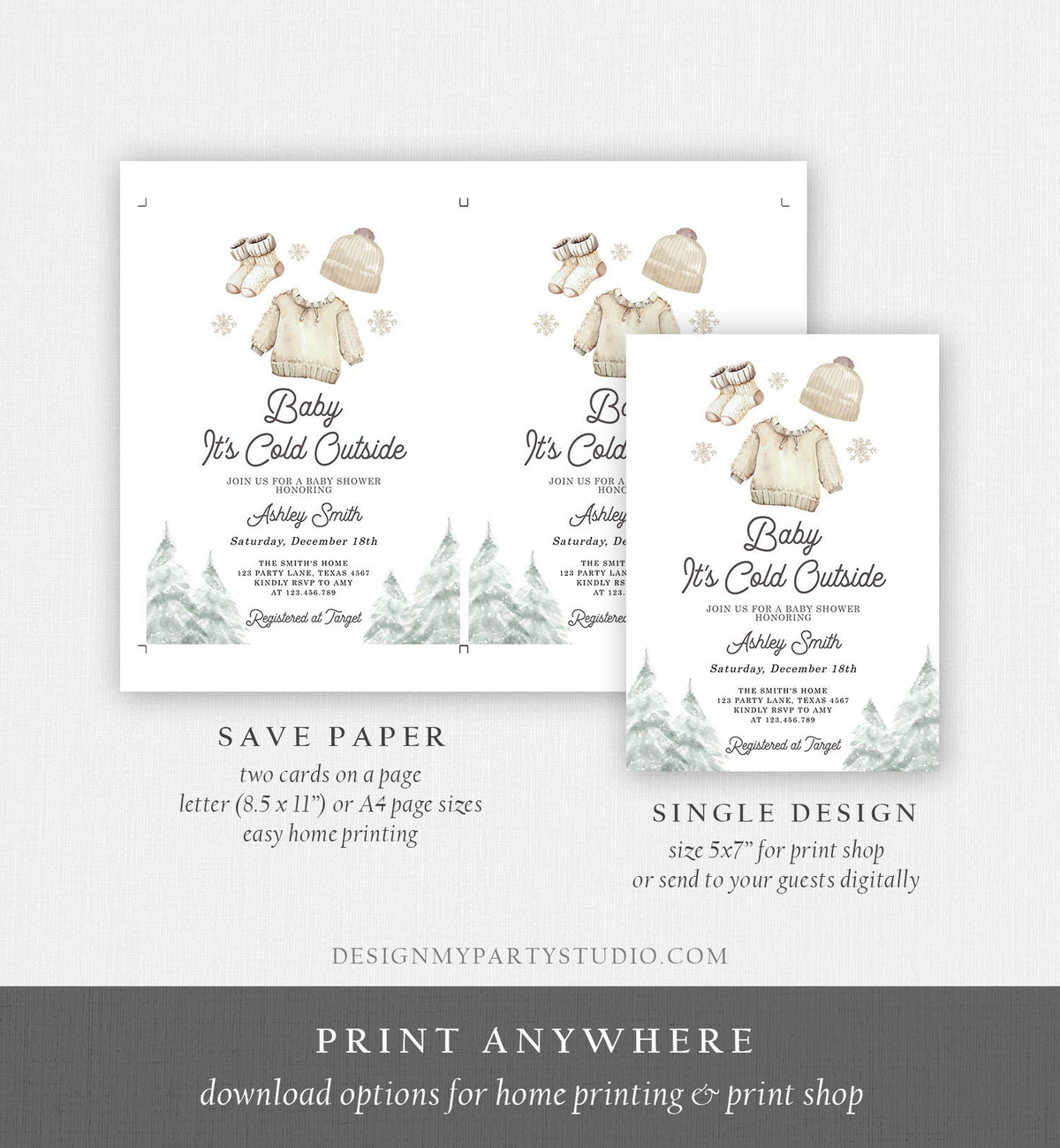 Editable Baby It&#39;s Cold Outside Invitation Winter Baby Shower Christmas Gender Neutral Baby Clothes Watercolor Template Download Corjl 0491