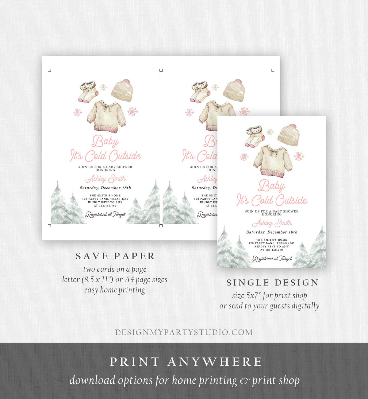Editable Baby It&#39;s Cold Outside Invitation Winter Baby Shower Girl Christmas Pink Baby Clothes Watercolor Digital Template Printable 0491