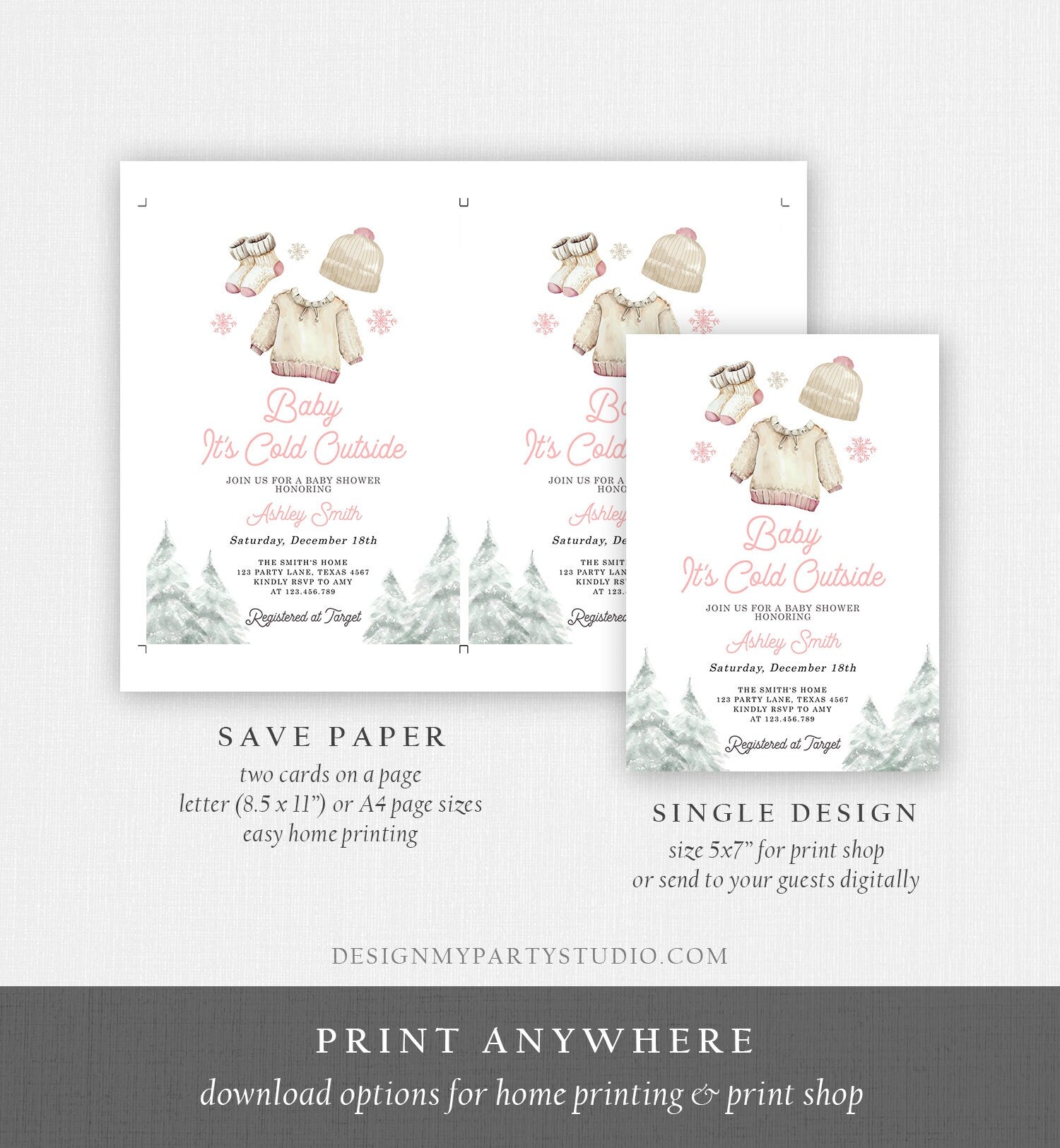 Editable Baby It's Cold Outside Invitation Winter Baby Shower Girl Christmas Pink Baby Clothes Watercolor Digital Template Printable 0491