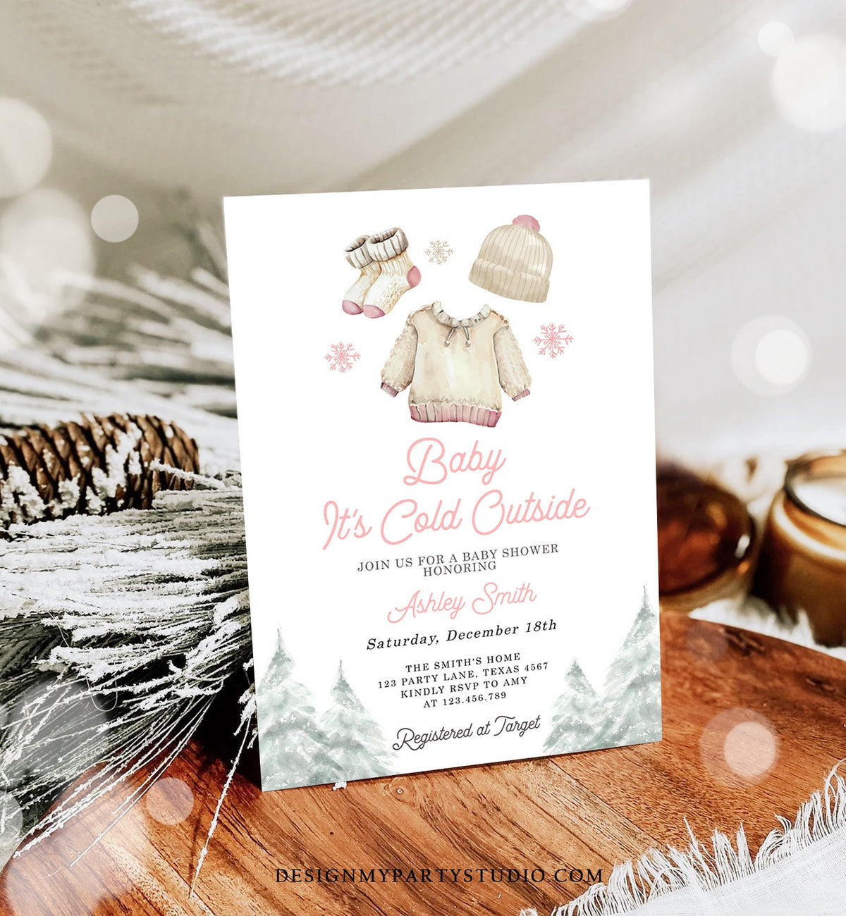 Editable Baby It&#39;s Cold Outside Invitation Winter Baby Shower Girl Christmas Pink Baby Clothes Watercolor Digital Template Printable 0491