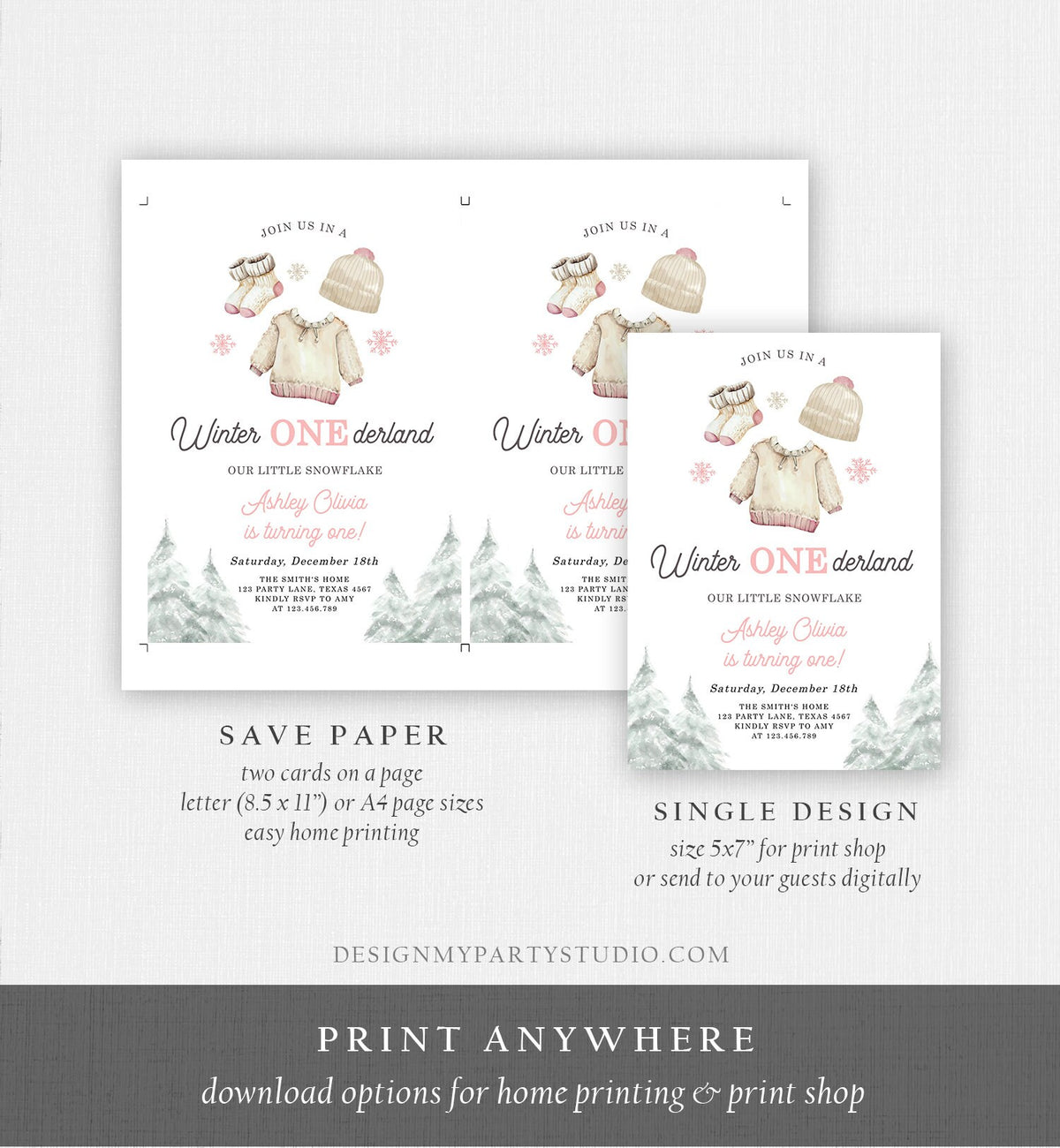 Editable Winter ONEderland Birthday Invitation First Birthday 1st Girl Pink Snow Tree Christmas Snowflake Digital Template Printable 0491