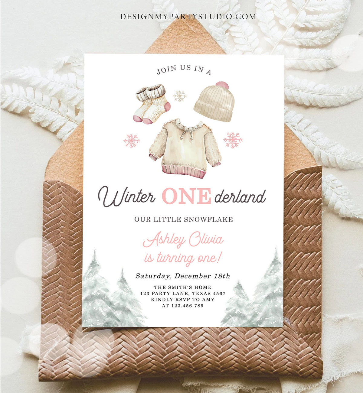Editable Winter ONEderland Birthday Invitation First Birthday 1st Girl Pink Snow Tree Christmas Snowflake Digital Template Printable 0491