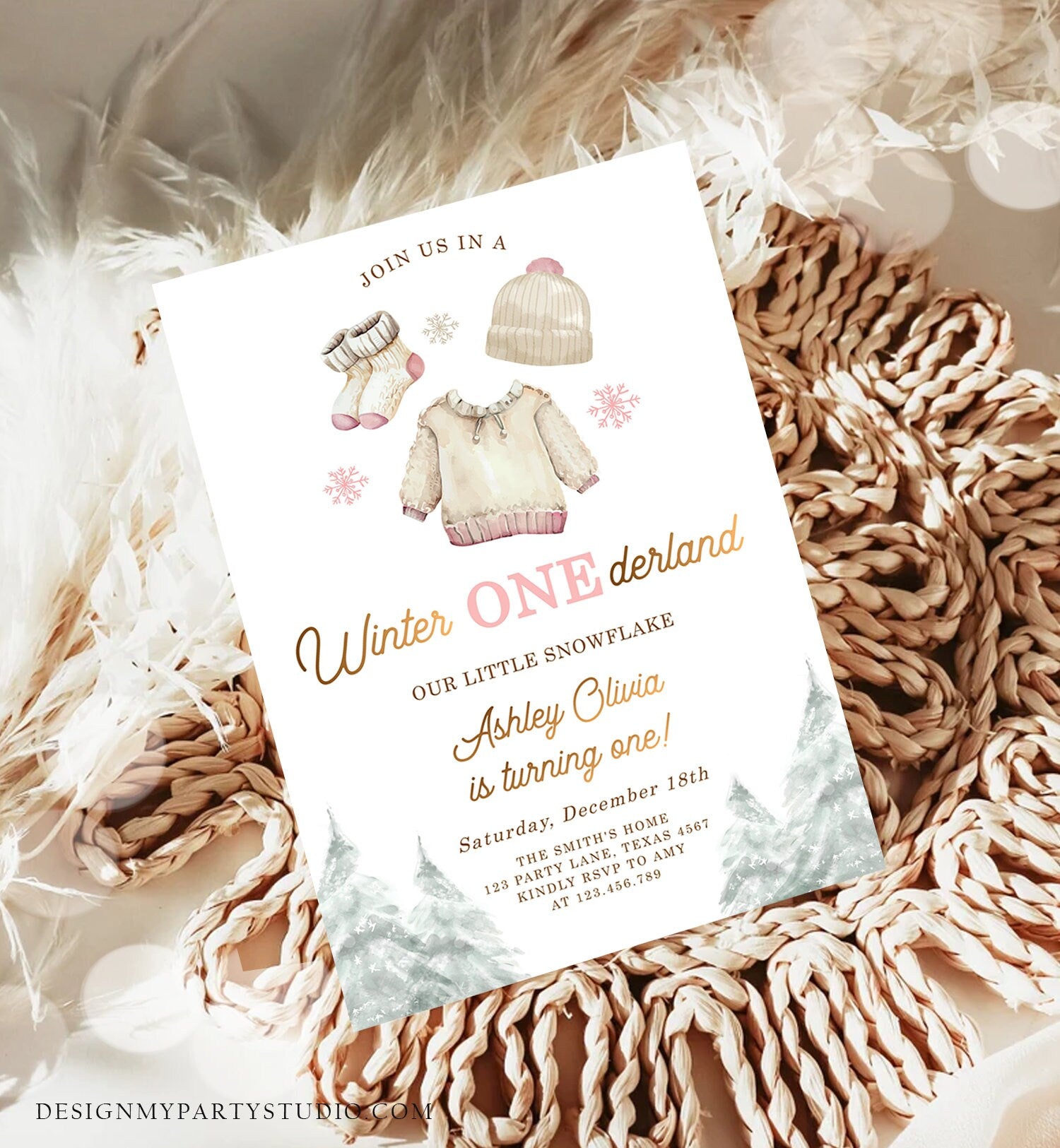 Editable Winter ONEderland Birthday Invitation First Birthday 1st Girl Pink Snow Watercolor Gold Christmas Snowflake Corjl Template 0491