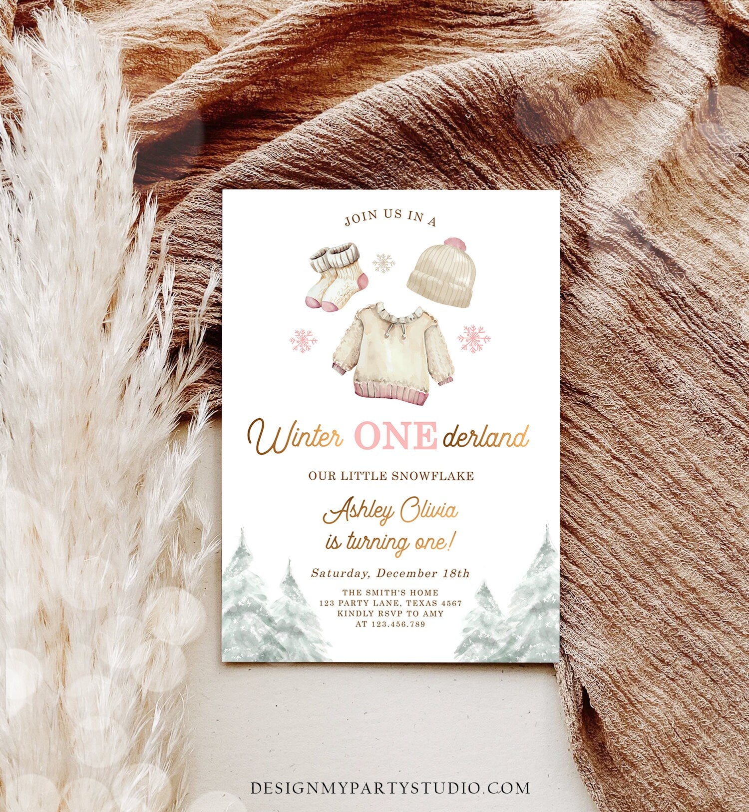Editable Winter ONEderland Birthday Invitation First Birthday 1st Girl Pink Snow Gold Christmas Snowflake Digital Template Printable 0491