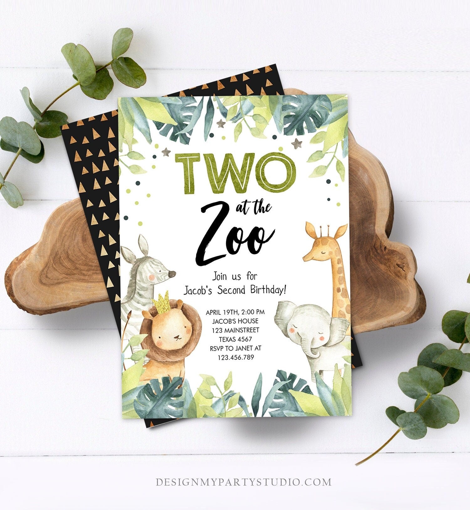 Editable Two in the Zoo Birthday Invitation Boy Second Birthday 2nd Safari Animals Party Jungle Green Gold Two Wild Corjl Template 0163