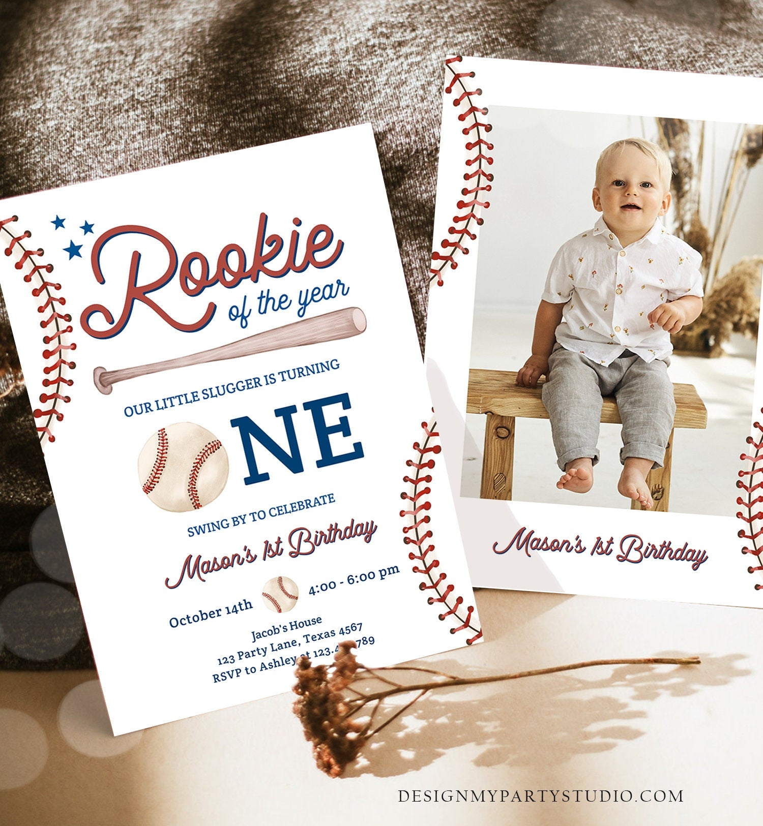 Editable Baseball First Birthday Invitation Rookie of The Year Invite Boy Birthday Little Slugger Digital Download Template Printable 0492