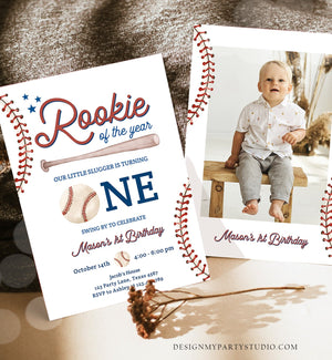 Editable Baseball First Birthday Invitation Rookie of The Year Invite Boy Birthday Little Slugger Download Template Digital Corjl 0492