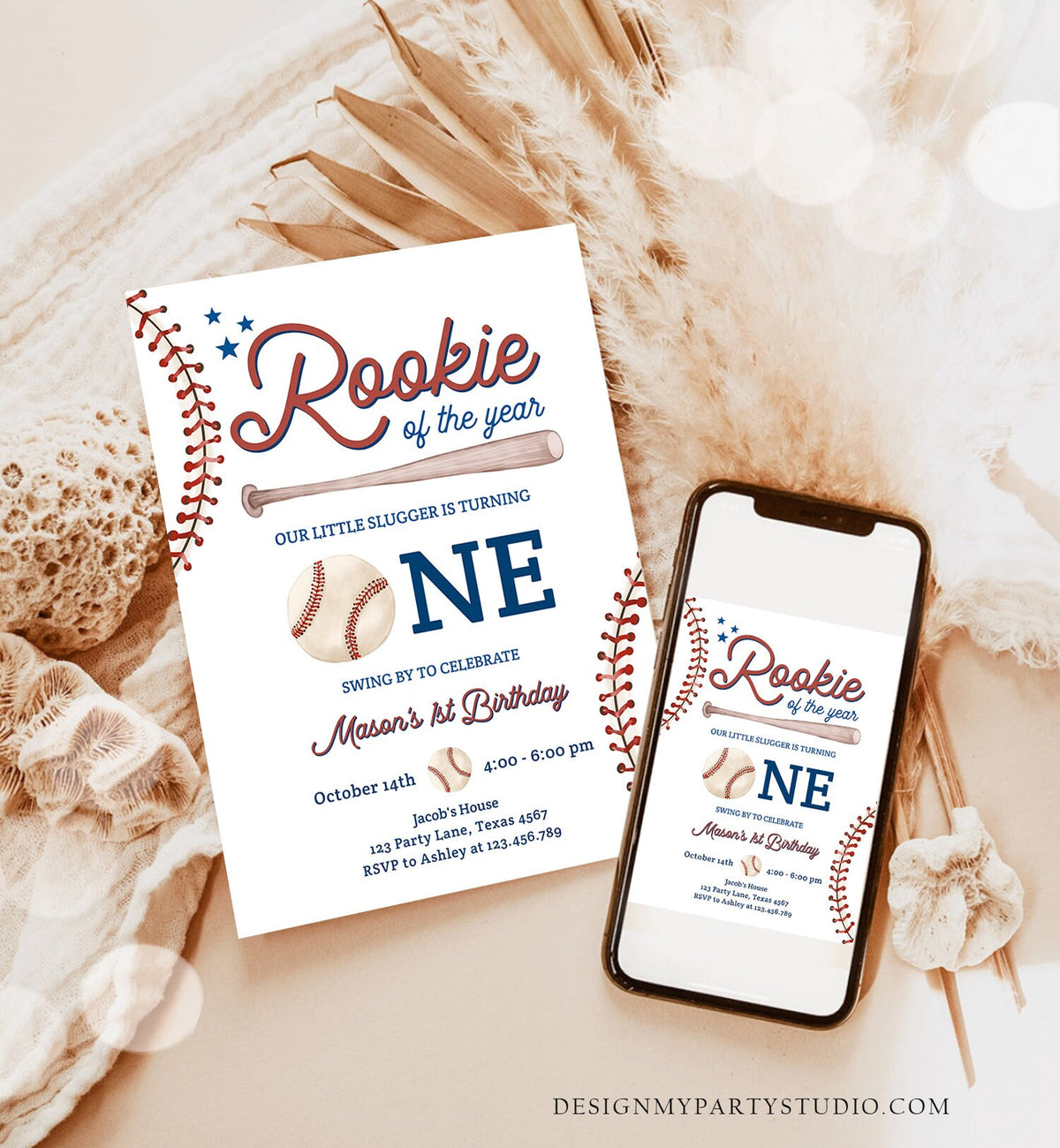 Editable Baseball First Birthday Invitation Rookie of The Year Invite Boy Birthday Little Slugger Digital Download Template Printable 0492