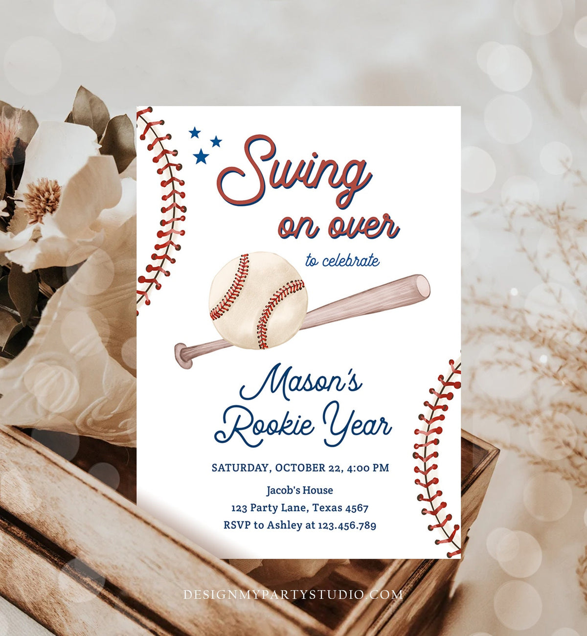 Editable Baseball First Birthday Invitation Rookie of The Year Boy Birthday Little Slugger Swing Digital Evite Template Printable 0492