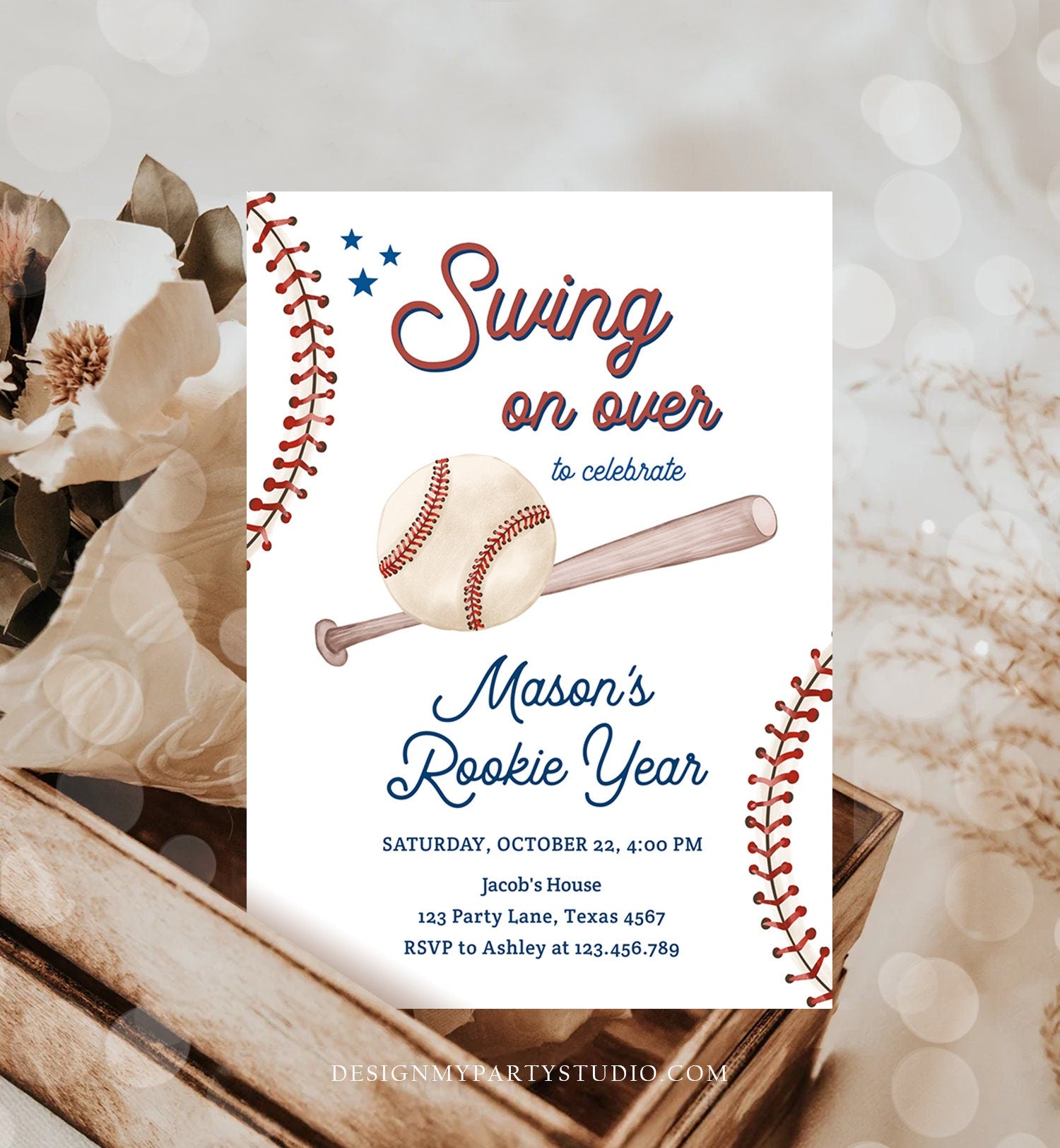 Editable Baseball First Birthday Invitation Rookie of The Year Boy Birthday Little Slugger Swing Digital Evite Template Printable 0492