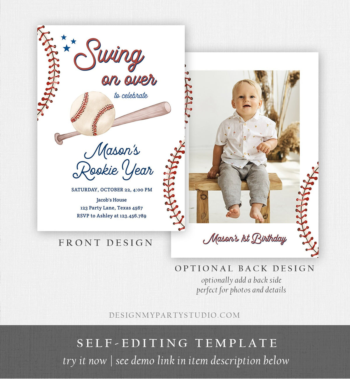 Editable Baseball First Birthday Invitation Rookie of The Year Boy Birthday Little Slugger Swing Digital Evite Template Printable 0492