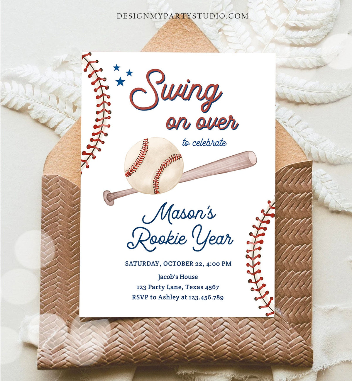 Editable Baseball First Birthday Invitation Rookie of The Year Boy Birthday Little Slugger Swing Digital Evite Template Printable 0492