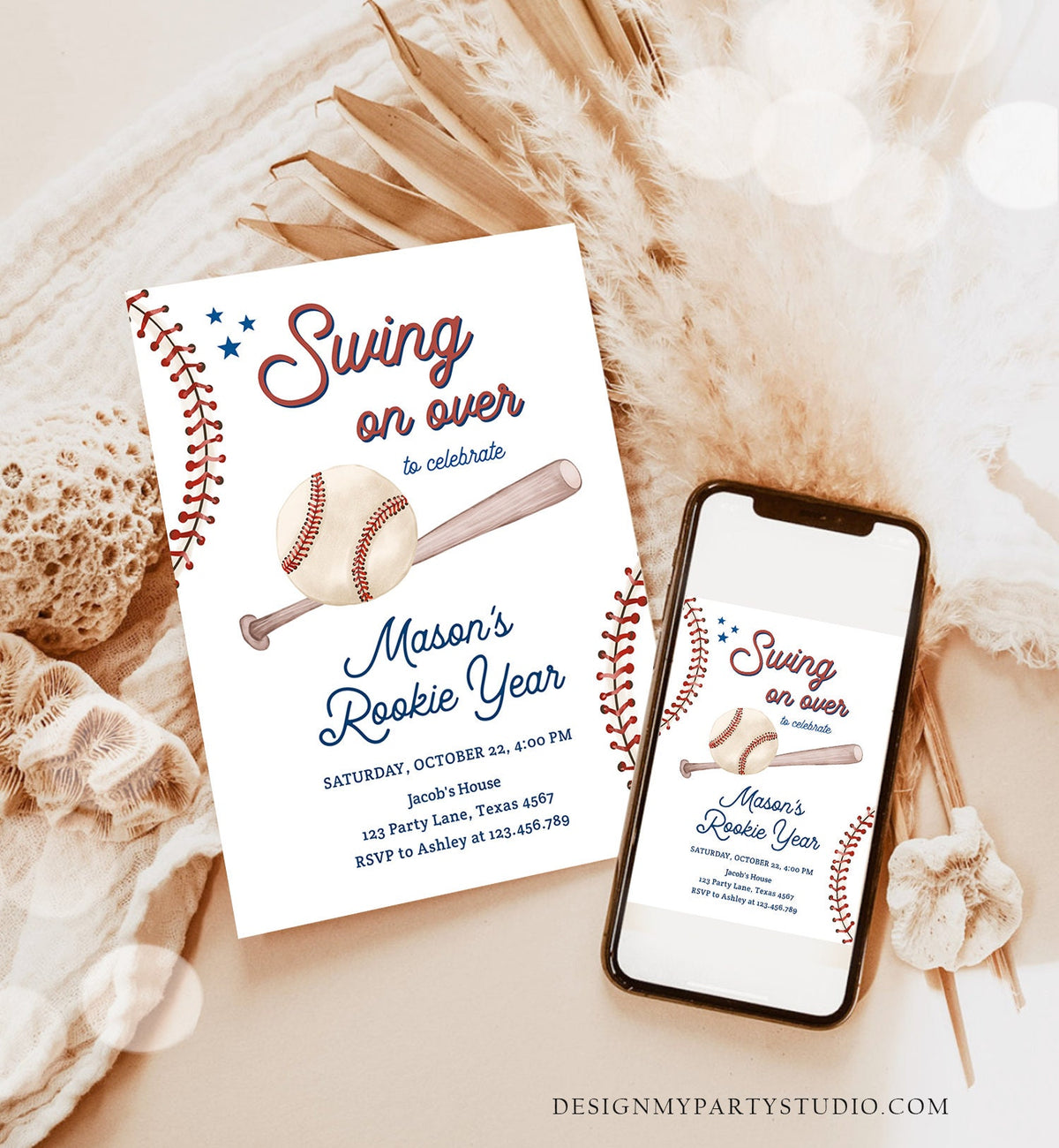 Editable Baseball First Birthday Invitation Rookie of The Year Boy Birthday Little Slugger Swing Digital Evite Template Printable 0492