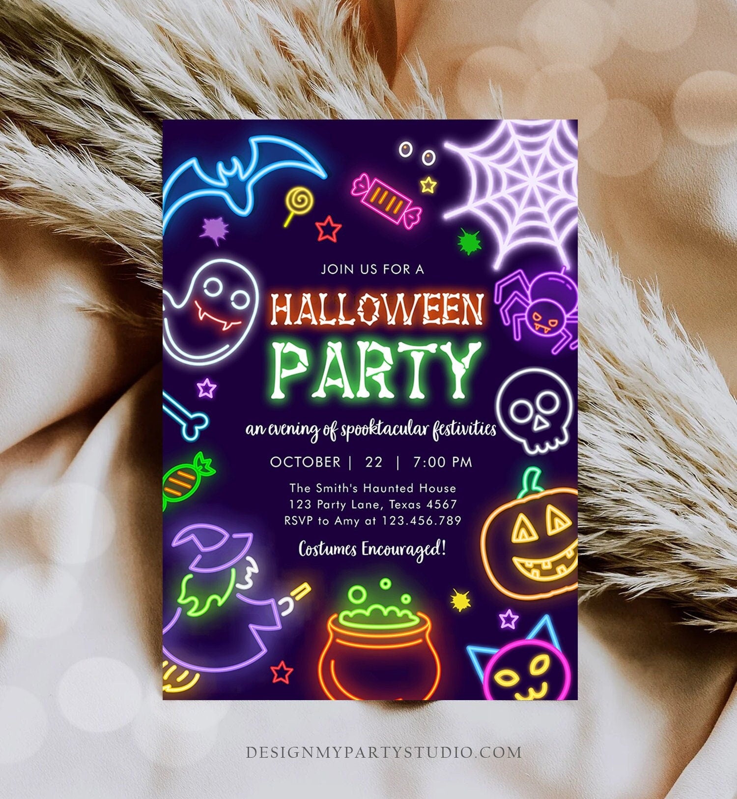 Editable Neon Halloween Party Invitation Costumes And Cocktails Adult Halloween Party Spooktacular Boos Or Brews Download Corjl 0474 0009