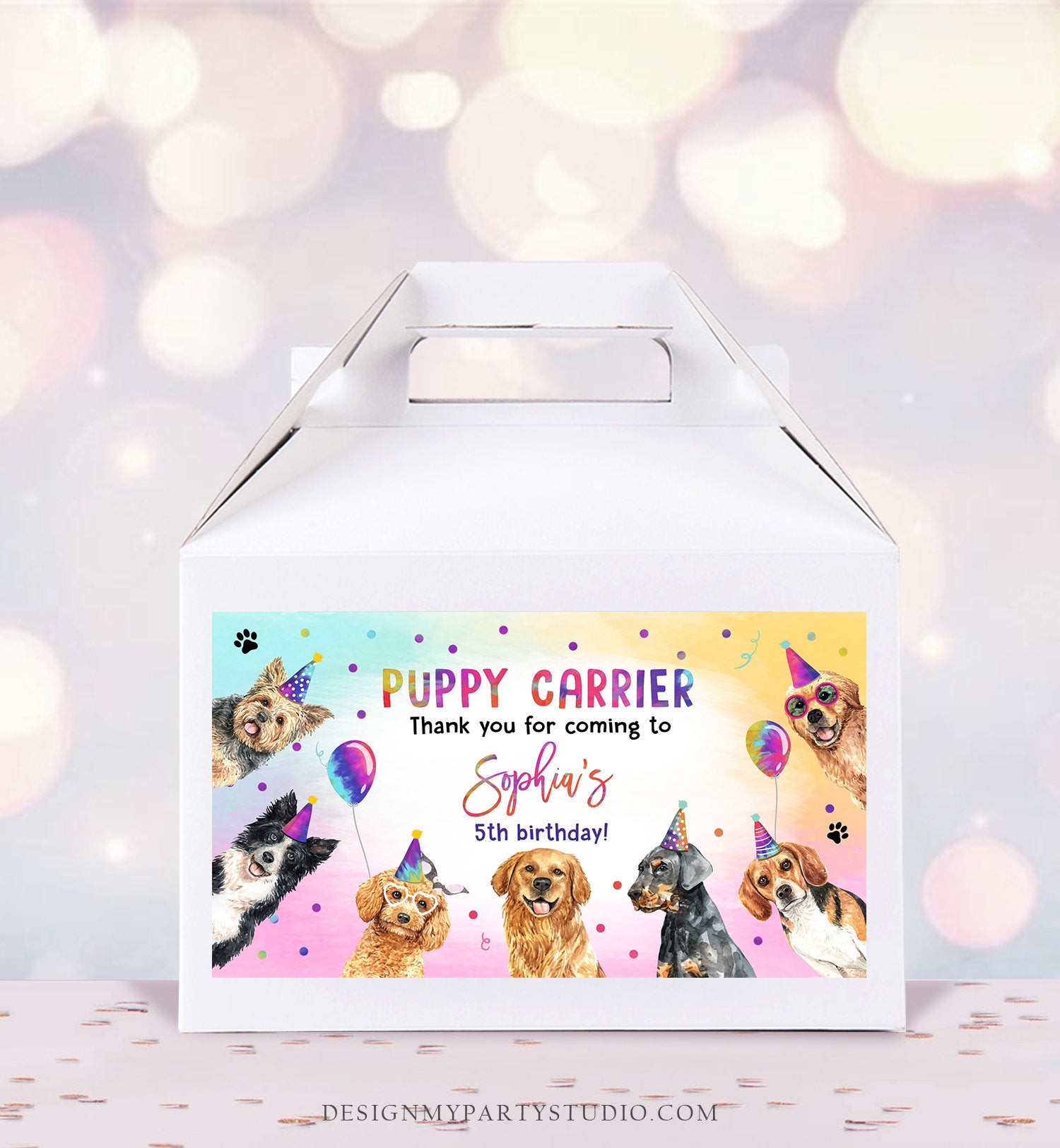Editable Puppy Carrier Box Favor Label Puppy Birthday Favor Box Label Adopt a Puppy Pet Party Animals Digital Download Printable Corjl 0460