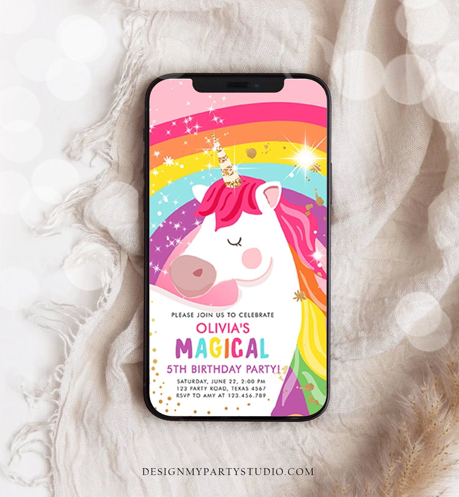 Editable Unicorn Birthday Evite Magical Unicorn Party Girl Pink Gold Unicorn Invitation Rainbow Phone Digital Evite Template Printable 0323