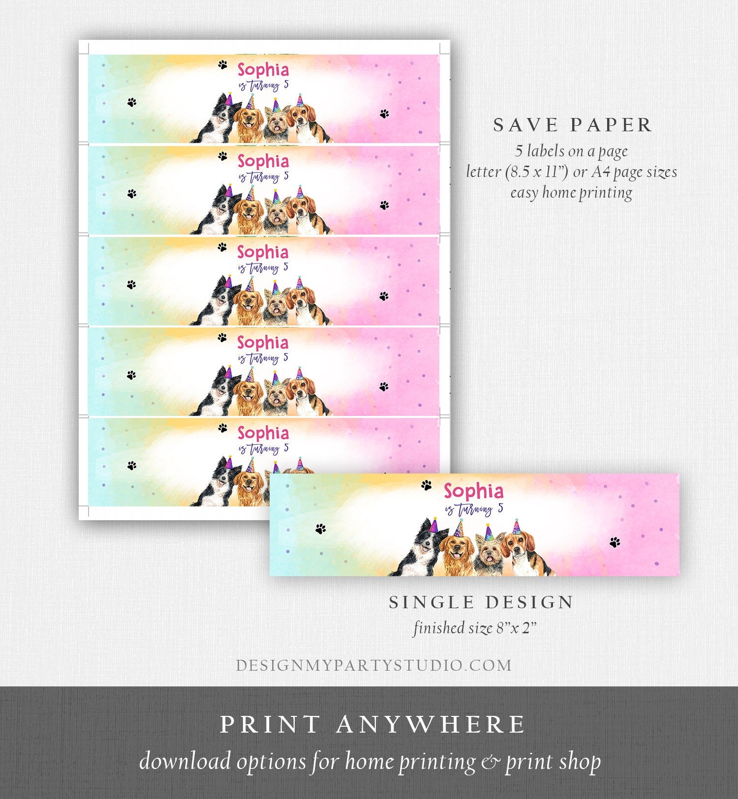 Editable Dog Water Bottle Label Dog Birthday Puppy Party Doggy Pet Vet Pawty Birthday Decor Girl Printable Bottle Wrap Template Digital 0460