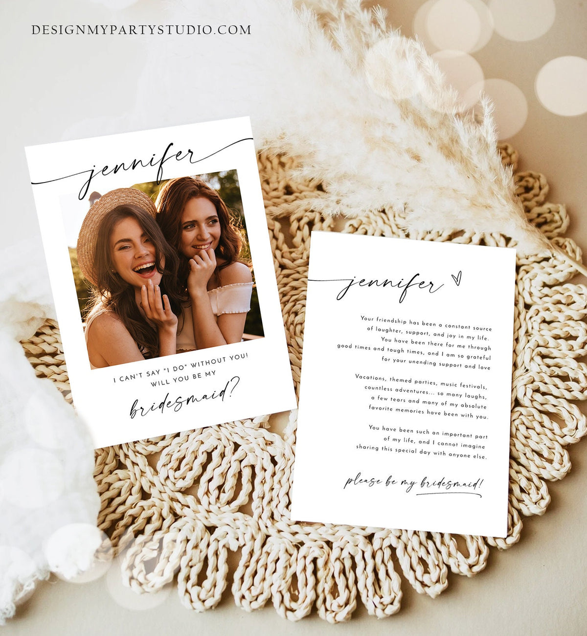 Editable Will You Be My Bridesmaid Card Proposal Photo Card Boho Rustic Modern Minimalist Wedding Calligraphy Evite Template Printable 0493