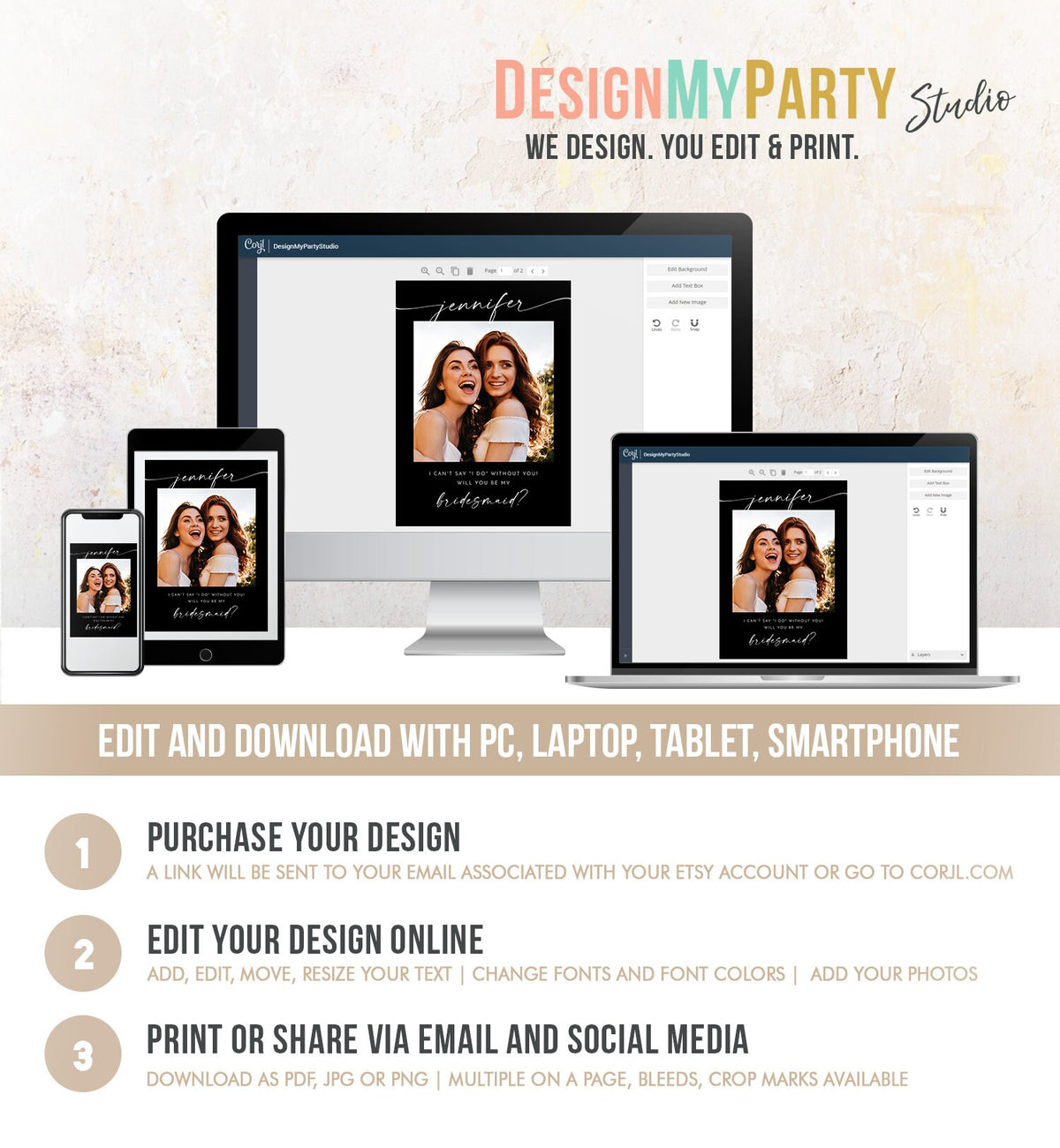 Editable Will You Be My Bridesmaid Card Proposal Photo Card Boho Rustic Modern Minimalist Wedding Calligraphy Template Printable 0493