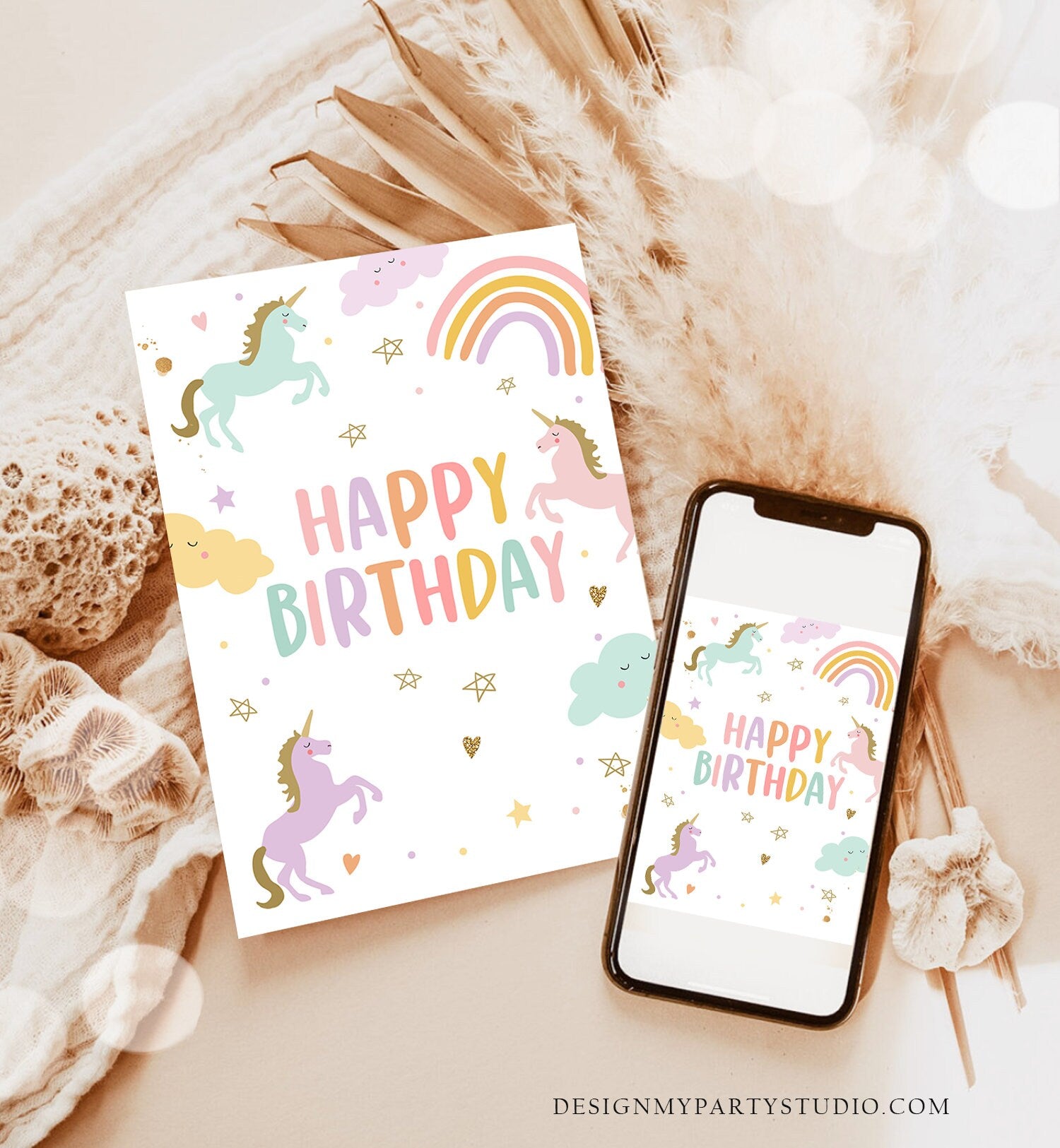 Happy Birthday Card Unicorn Birthday Greeting Card Unicorn Magical Rainbow Girl Daughter Friend 5x7 DIGITAL PRINTABLE Instant Download