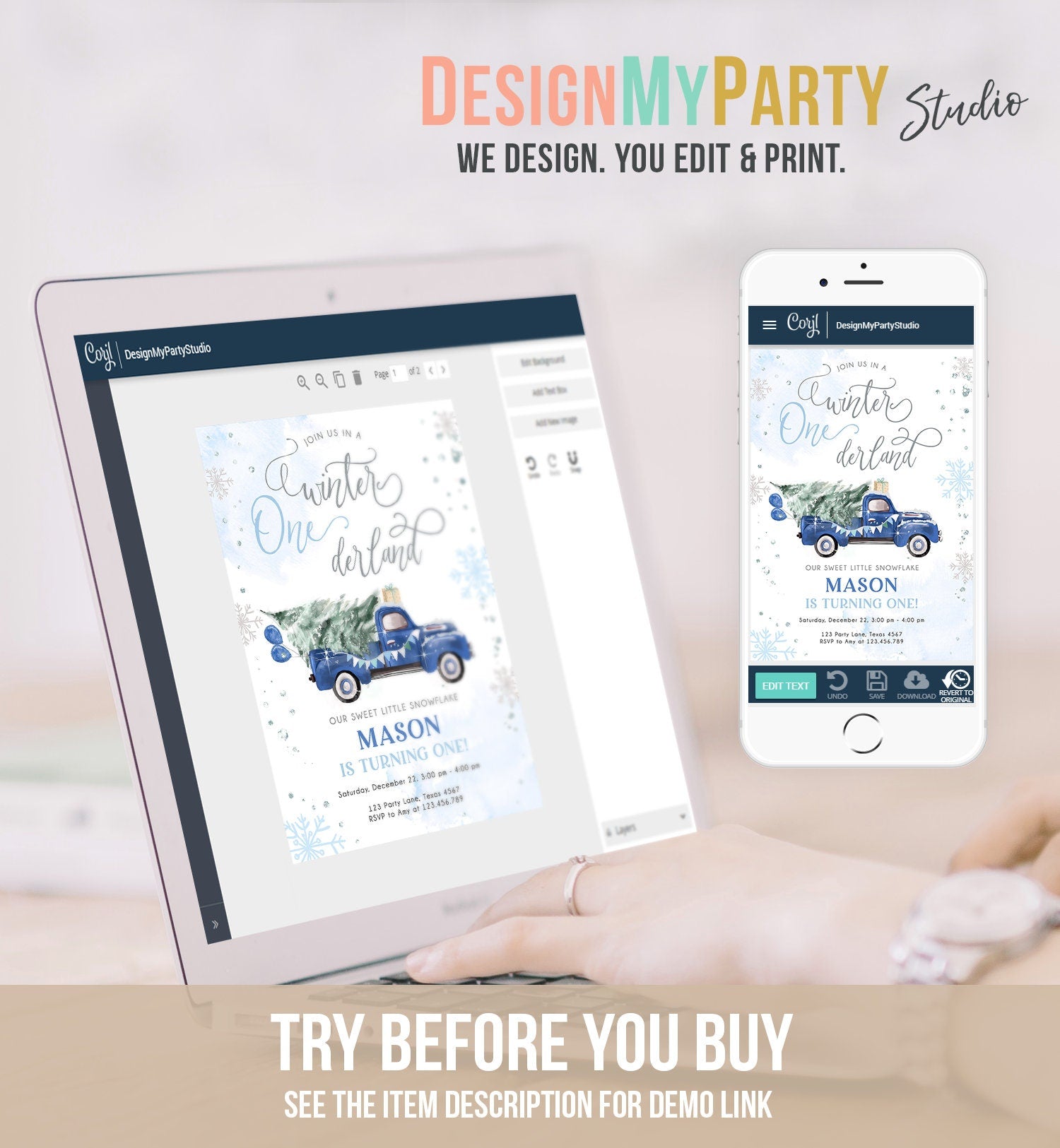 Editable Winter Onederland Winter First Birthday Invitation Christmas 1st Winter Blue Truck Boy Silver Digital Evite Template Printable 0495