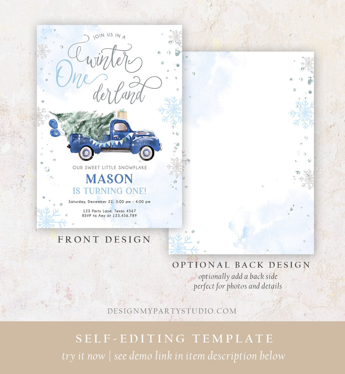 Editable Winter Onederland Winter First Birthday Invitation Christmas 1st Winter Blue Truck Boy Silver Digital Evite Template Printable 0495