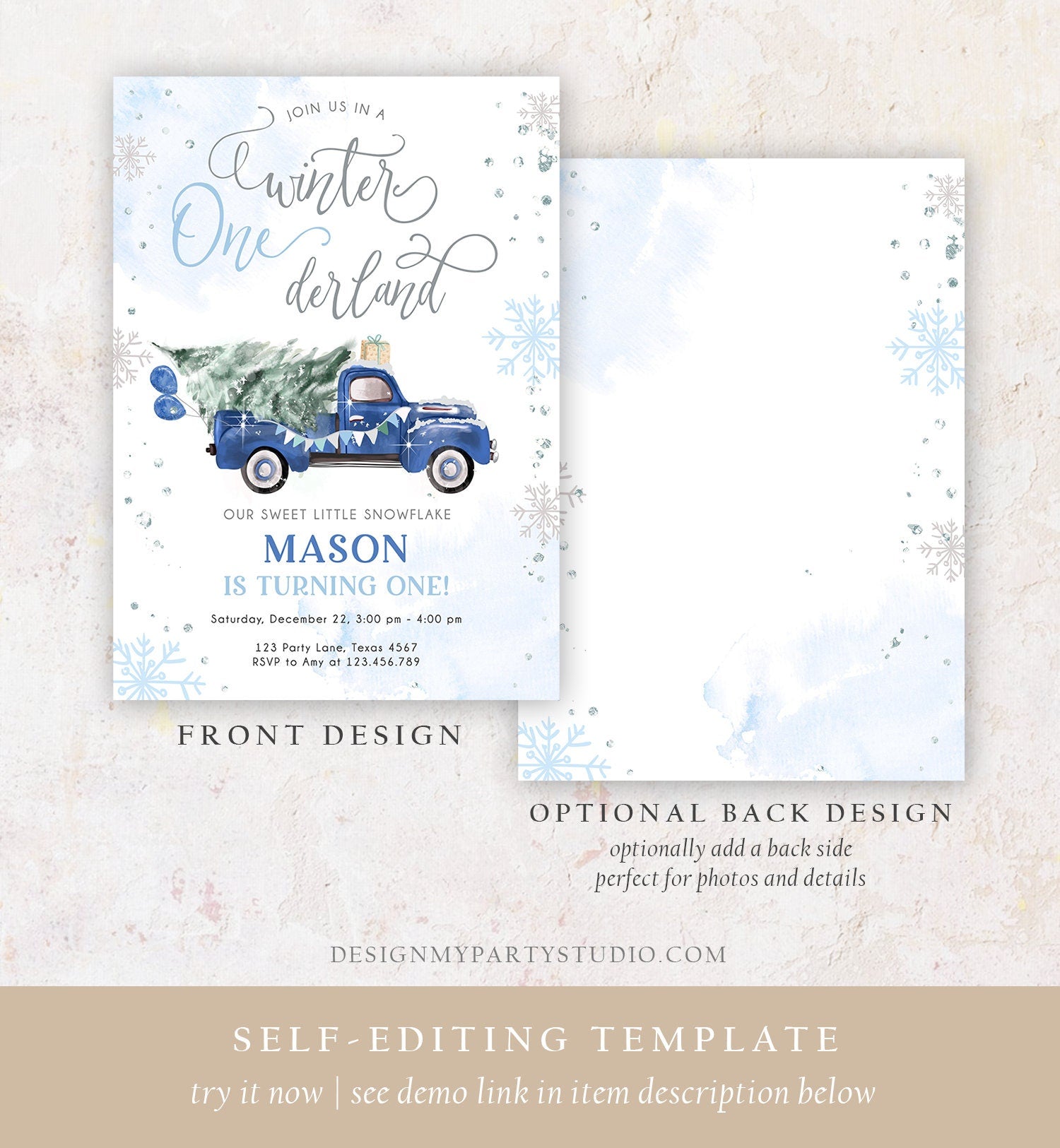 Editable Winter Onederland Winter First Birthday Invitation Christmas 1st Winter Blue Truck Boy Silver Digital Evite Template Printable 0495