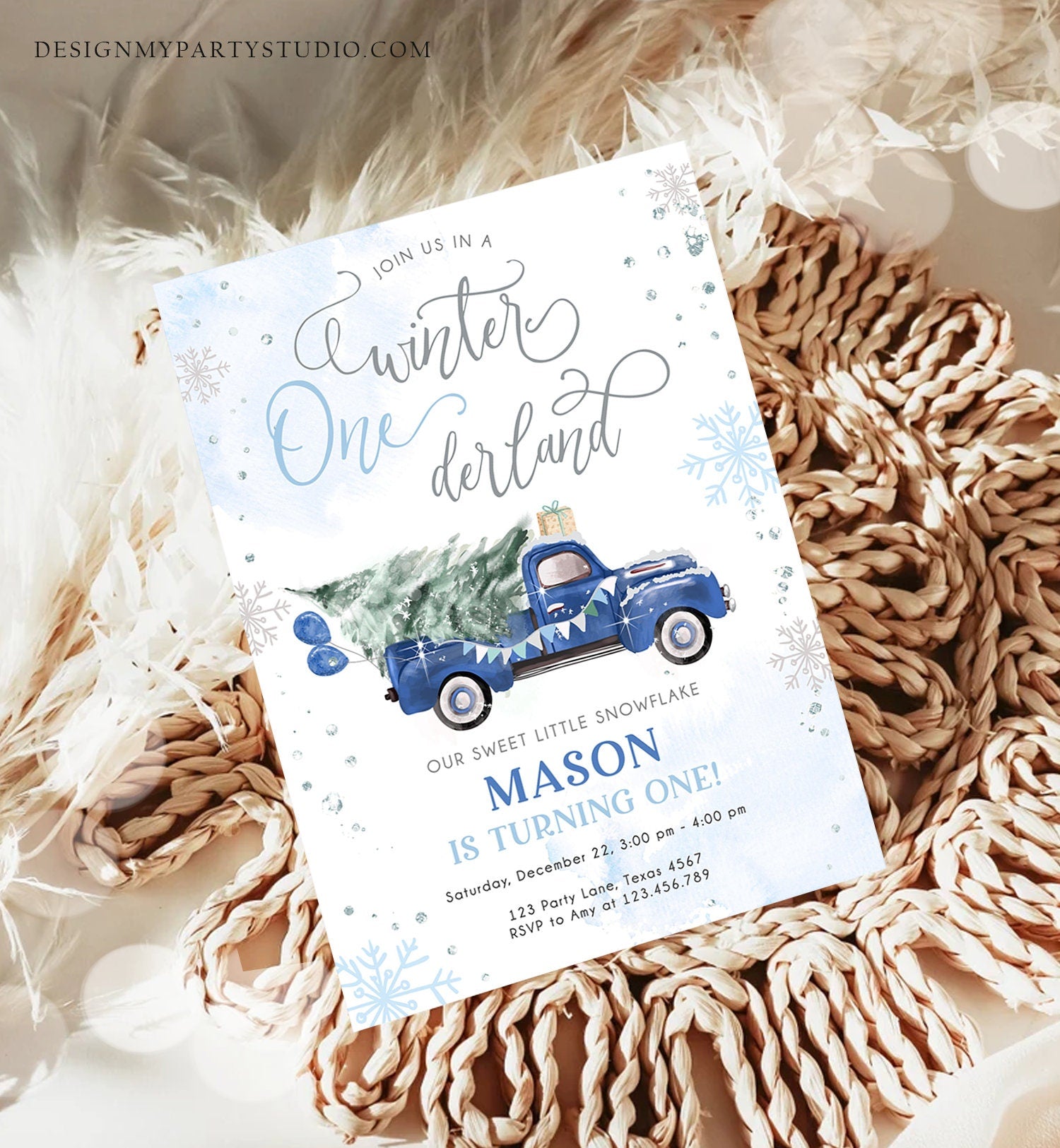 Editable Winter Onederland Winter First Birthday Invitation Christmas 1st Winter Blue Truck Boy Silver Digital Evite Template Printable 0495