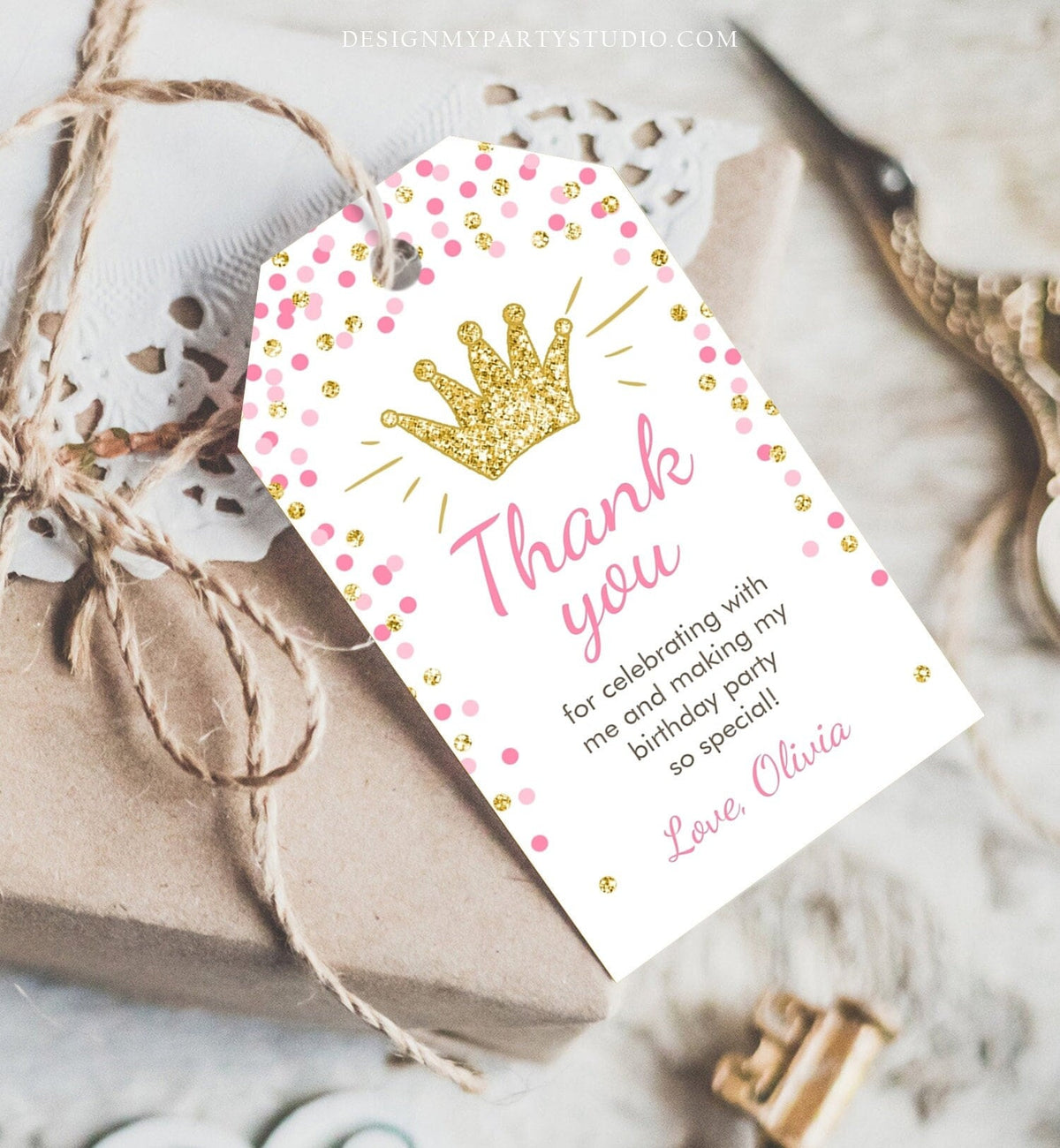 Editable Little Princess Favor Tags Thank You Girl Birthday Pink Gold Confetti Crown Royal Party Download Corjl Template Printable 0047