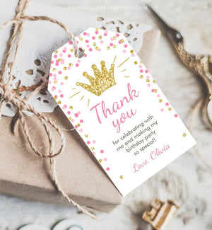 Editable Little Princess Favor Tags Thank You Girl Birthday Pink Gold Confetti Crown Royal Party Download Corjl Template Printable 0047