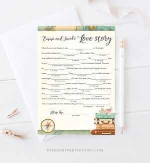 Editable Love Story Bridal Shower Game Travel Funny Game Wedding Shower Activity Suitcases Vintage Map Party Corjl Template Printable 0044