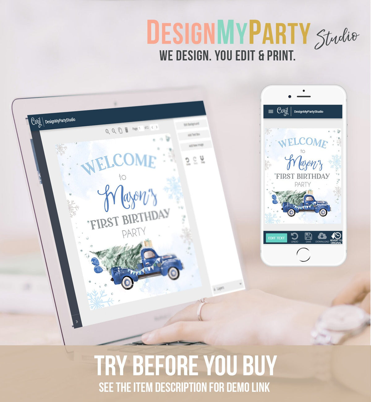 Editable Winter Truck Welcome Sign Onederland Blue Truck Watercolor Boy First Birthday Snowflake Wonderland Digital Template Printable 0495