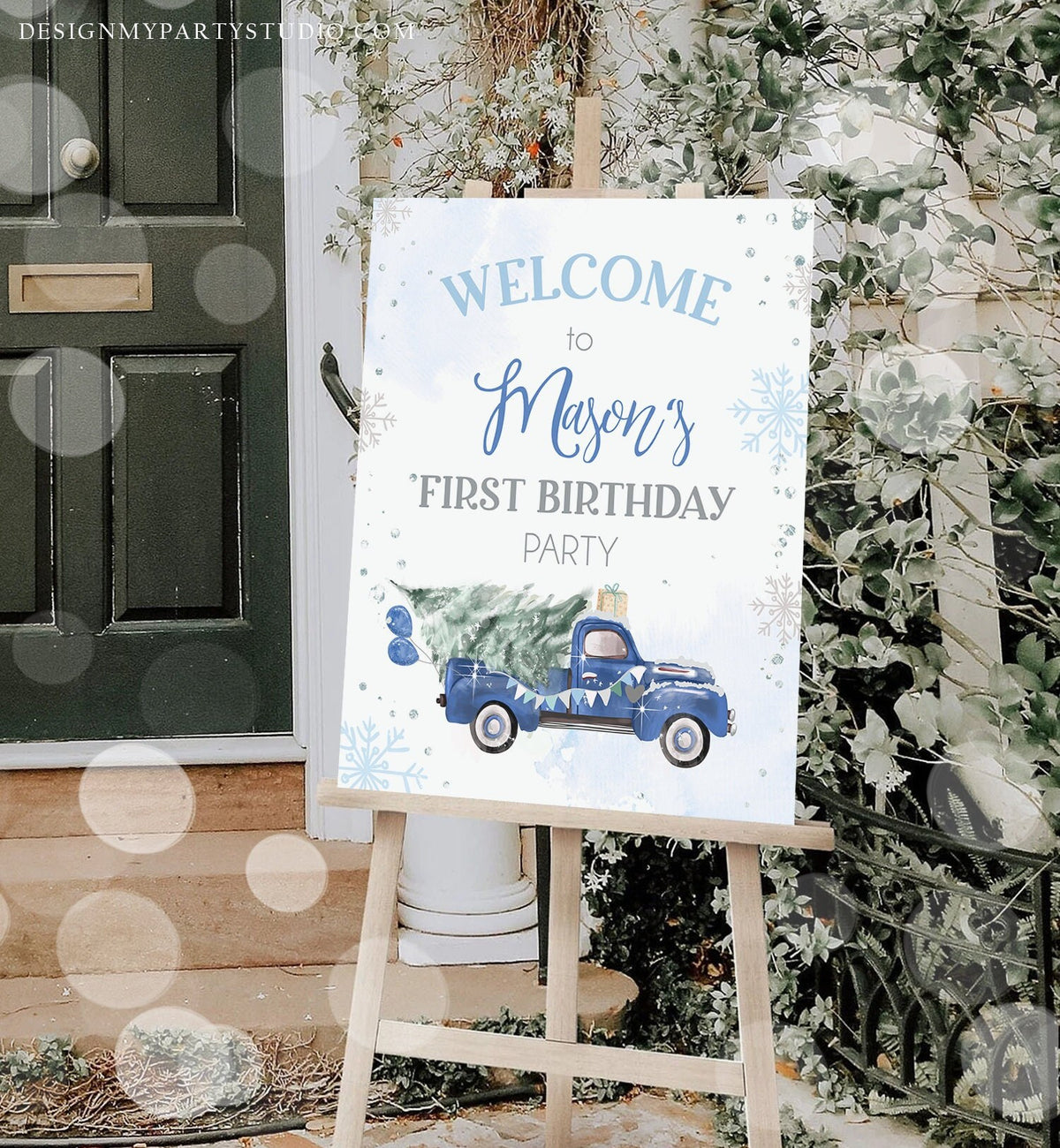 Editable Winter Truck Welcome Sign Onederland Blue Truck Watercolor Boy First Birthday Snowflake Wonderland Digital Template Printable 0495