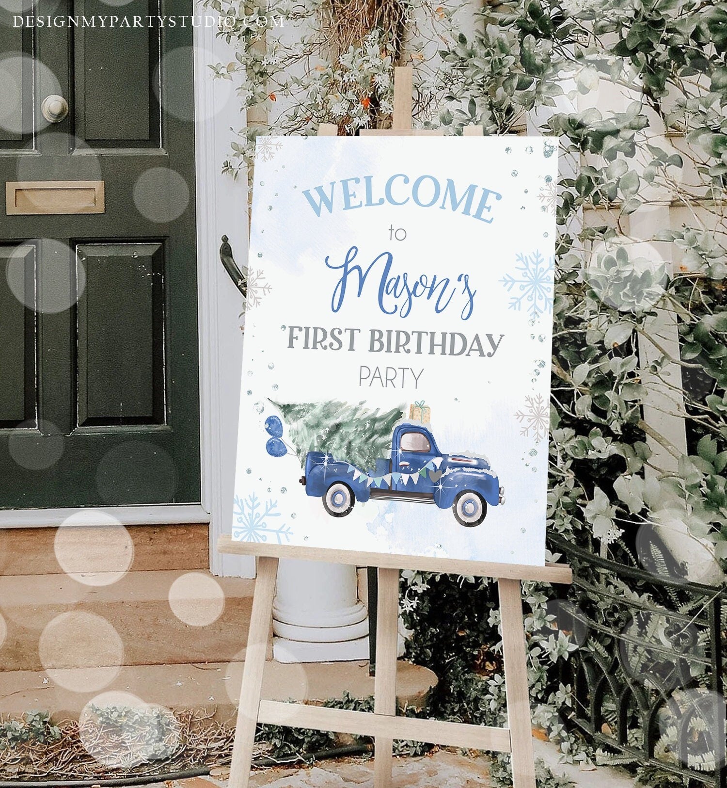 Editable Winter Truck Welcome Sign Onederland Blue Truck Watercolor Boy First Birthday Snowflake Wonderland Digital Template Printable 0495