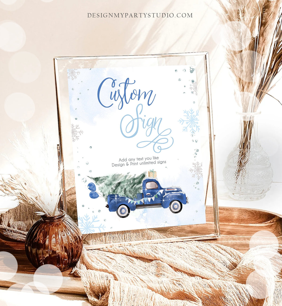 Editable Custom Sign Winter Truck Sign Winter Onederland Blue Truck Boy First Birthday Party 8x10 Digital Download Template Printable 0495