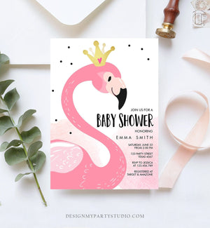 Editable Flamingo Baby Shower Invitation Pink and Gold Girl Baby Shower Tropical Luau Download Printable Invitation Template Corjl 0019