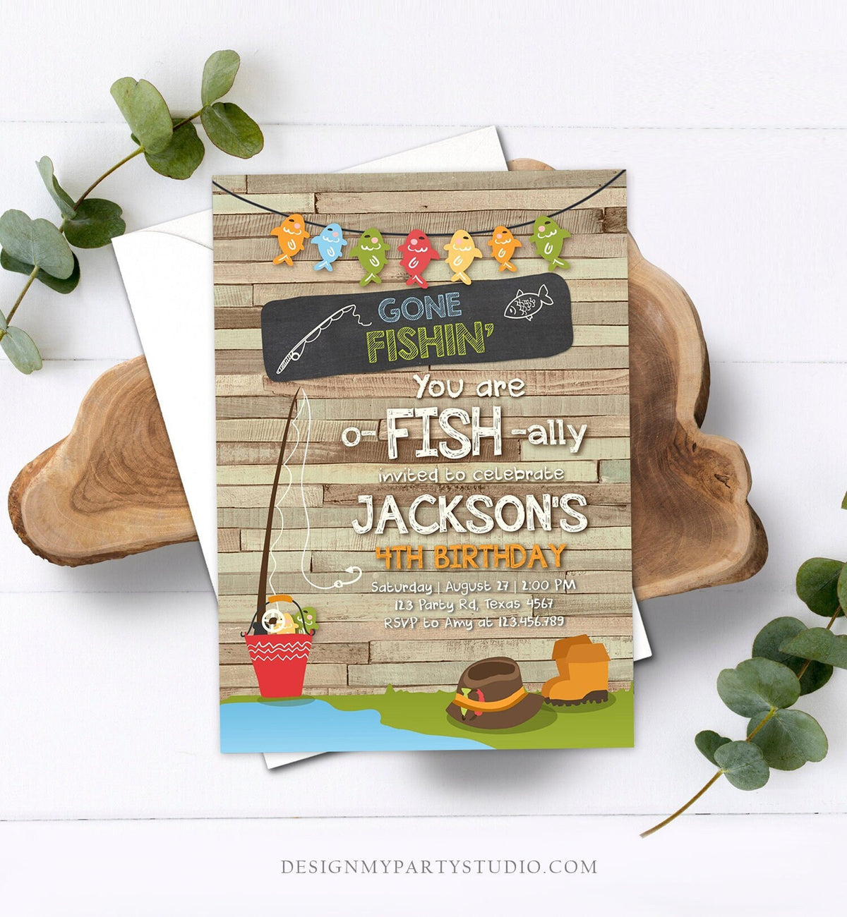 Editable Fishing Birthday Invitation Boy o-Fish-Ally Reeling the Big One Gone Fishing Fishin Digital Download Corjl Template Printable 0080