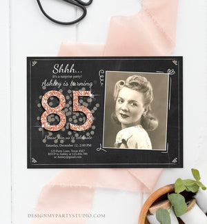 Editable ANY AGE Surprise Birthday Invitation Adult 85th Party Rustic Chalk Rose Gold Glitter Photo Download Printable Corjl Template 0103