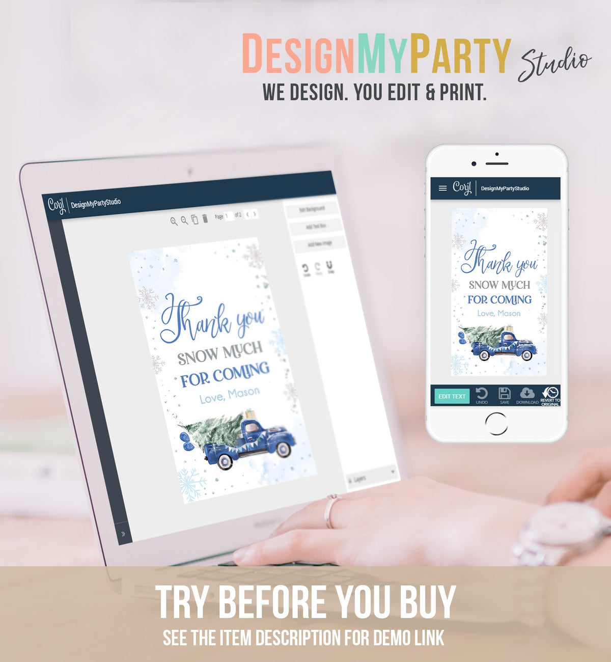 Editable Winter Onederland Favor Tag Christmas Tree Thank You Snow Much Blue Truck Birthday 1st Gift Tag Boy Digital Template Printable 0495