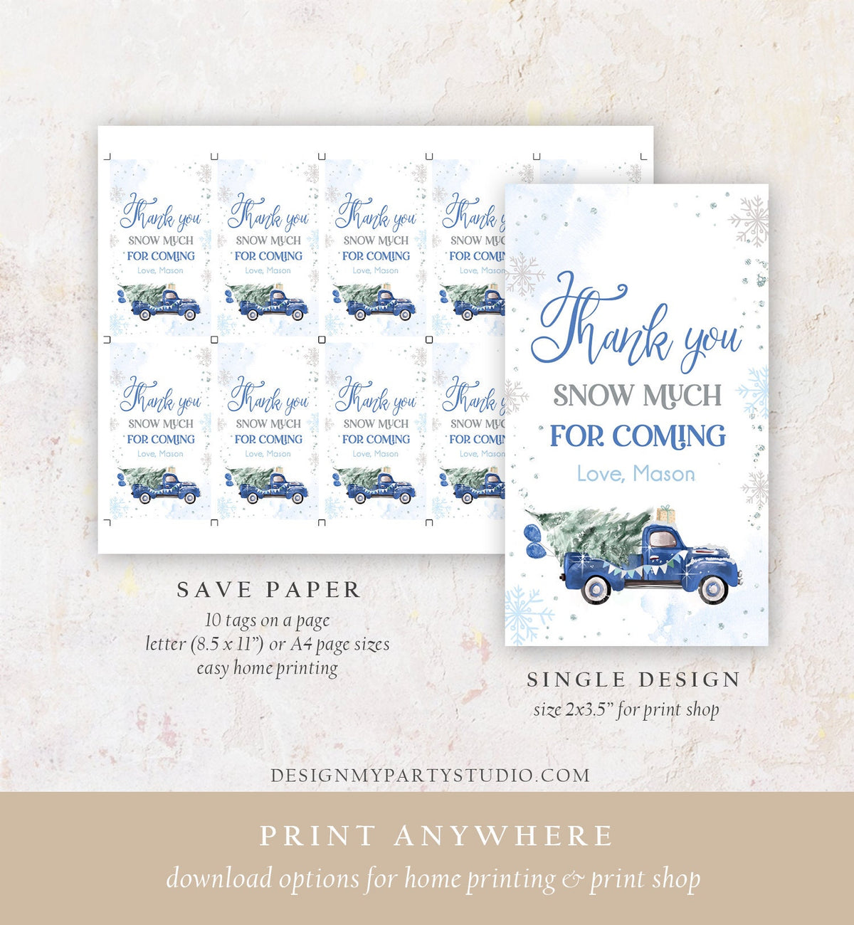 Editable Winter Onederland Favor Tag Christmas Tree Thank You Snow Much Blue Truck Birthday 1st Gift Tag Boy Digital Template Printable 0495